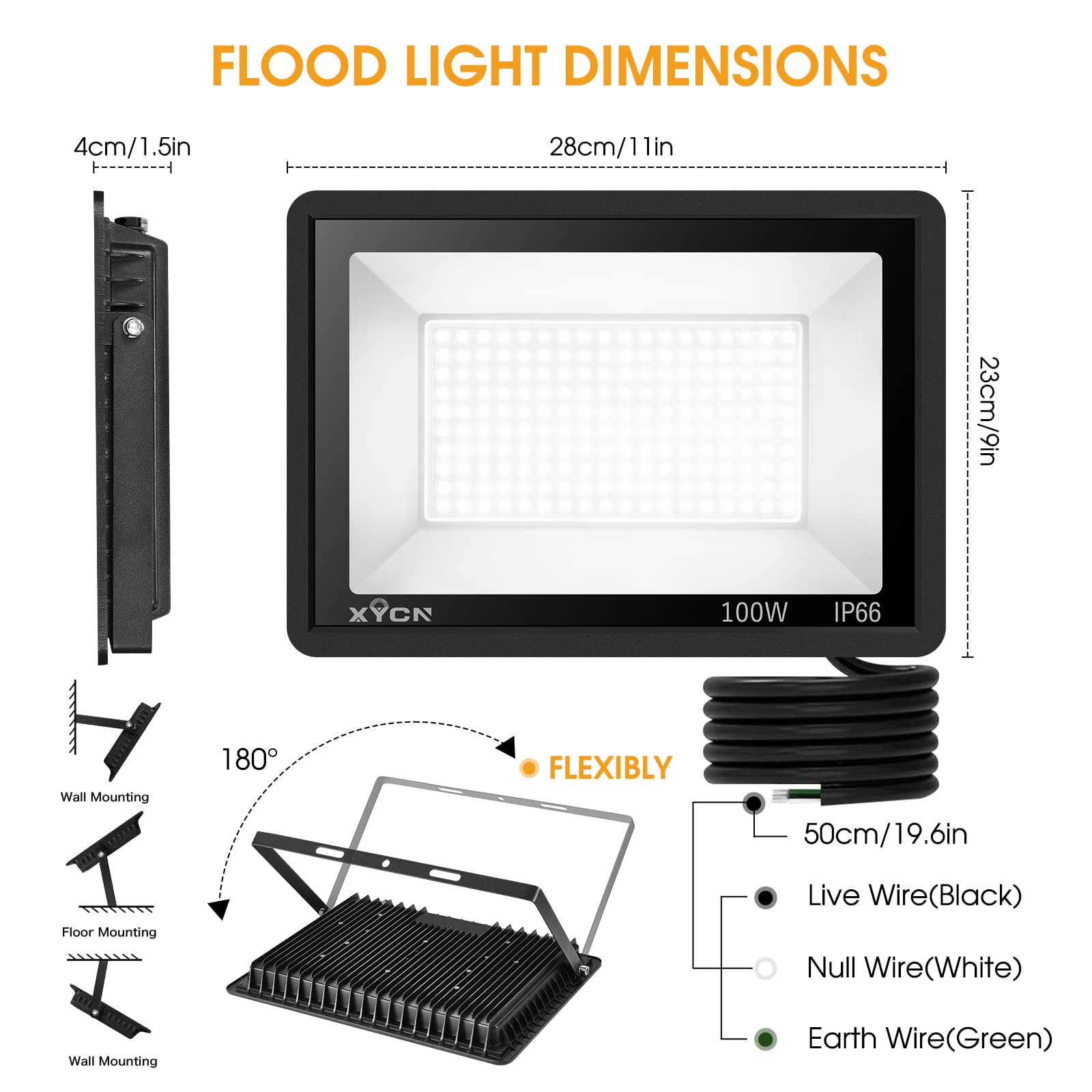 XYCN 100W LED Flood Light - 4 Pack, IP66 Waterproof, 12500LM Super Bright, 5000K Daylight White for Outdoor Use