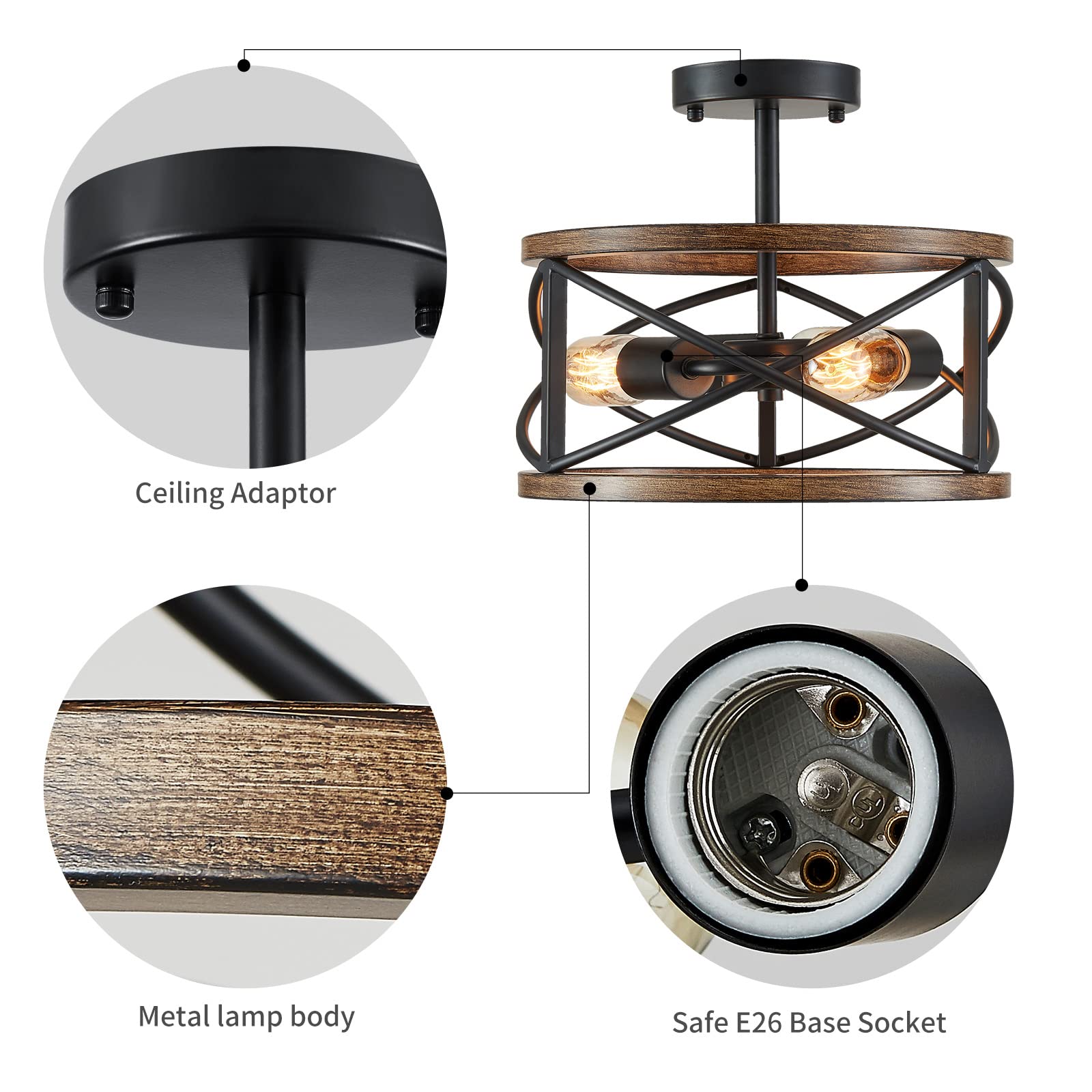 WUZUPS 3-Light Chandelier Vintage Farmhouse Semi-Flushmount Ceiling Light, 9.4"H x 12"W, Black & Wood Imitation, Model USHD90025-B