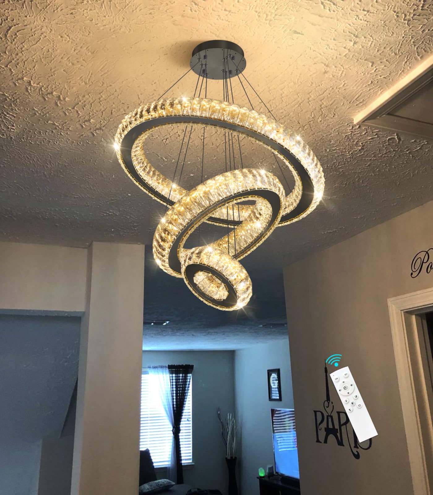 HAIXIANG 3 Rings LED Chandelier Modern Dimmable Dining Room Chanderliers Entryway Crystal Pendant Lights for Kitchen Bedroom Living Room Black Light