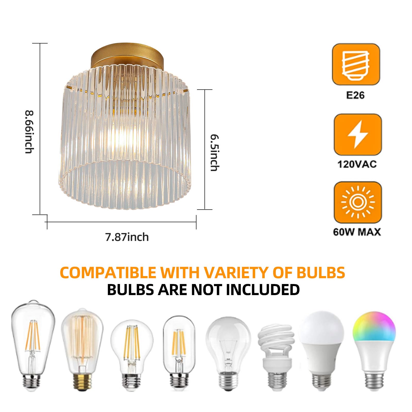 wochos Modern Semi Flush Mount Ceiling Light, Glass, Gold, Model JWY-J8026X, Ideal for Entryway, Hallway, Kitchen, Dining Room