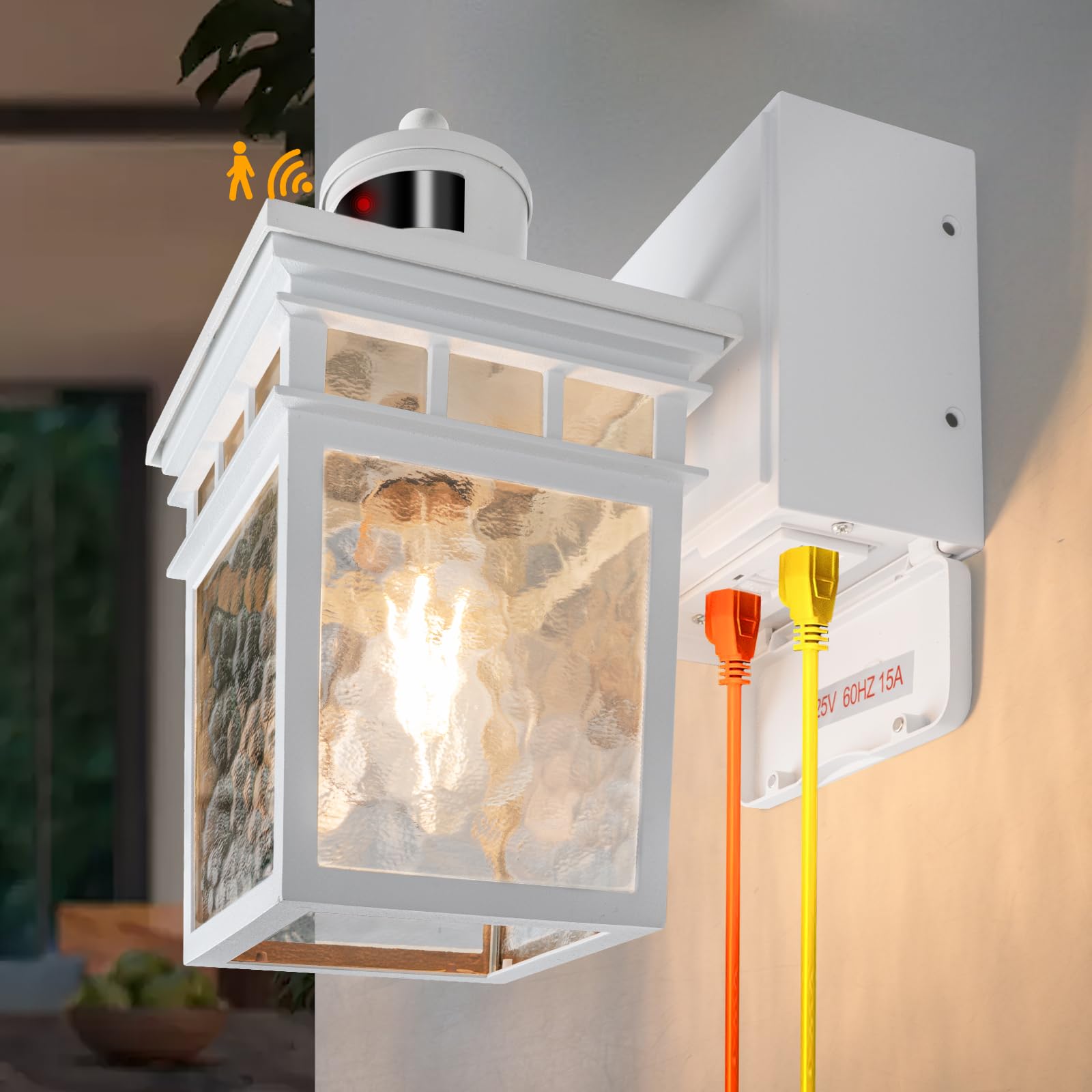 Vioaoeafa Porch Light Outdoor With Gfci Outlet - 3 Lighting Modes Exterior Light Fixture, Dusk To Dawn Motion Sensor Wall Mount