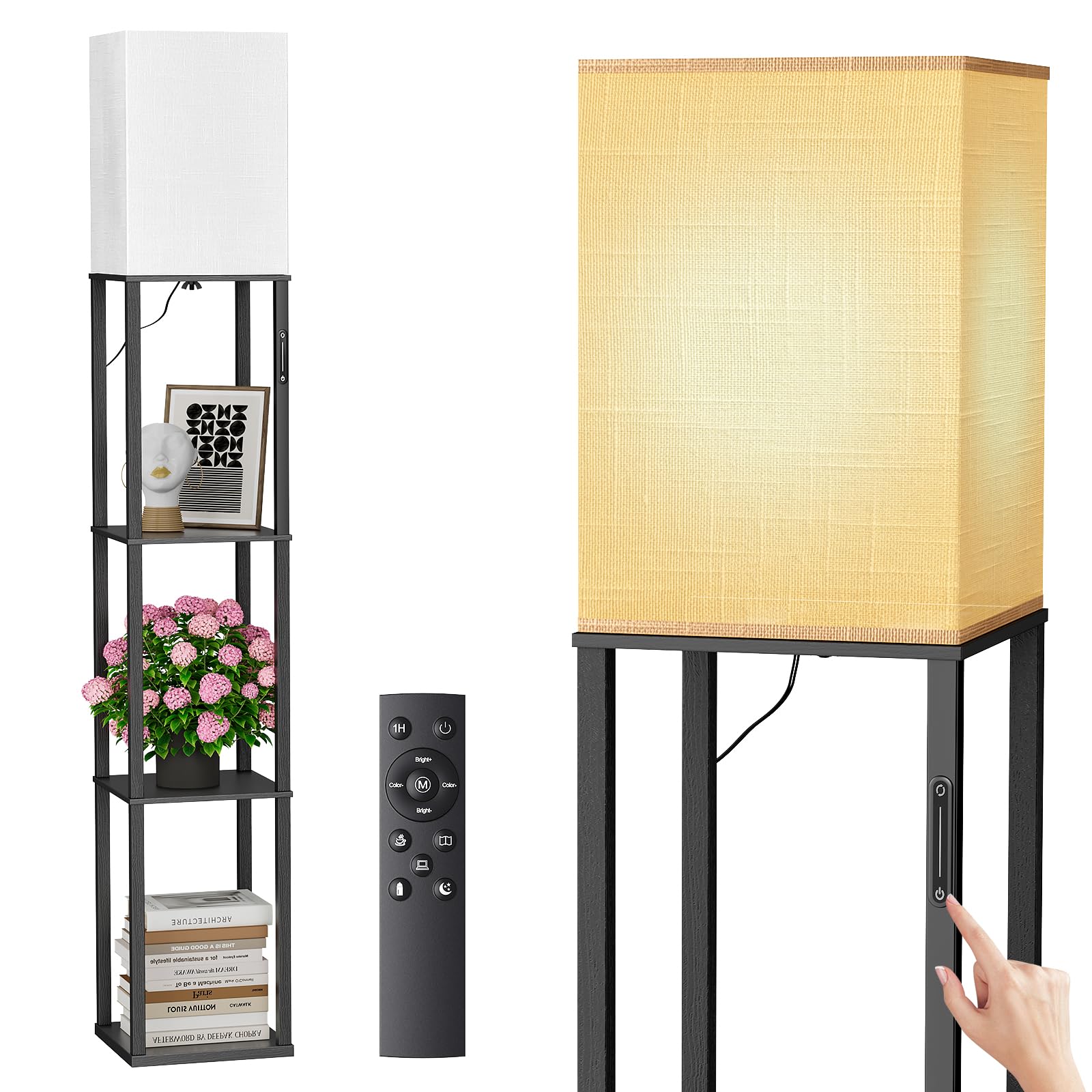 Jeagop Floor Lamp with Shelves, Modern Wood Shelf Standing Lamp with 3 Tier Storage, Remote & Touch Control, Corner Tall Bookshe