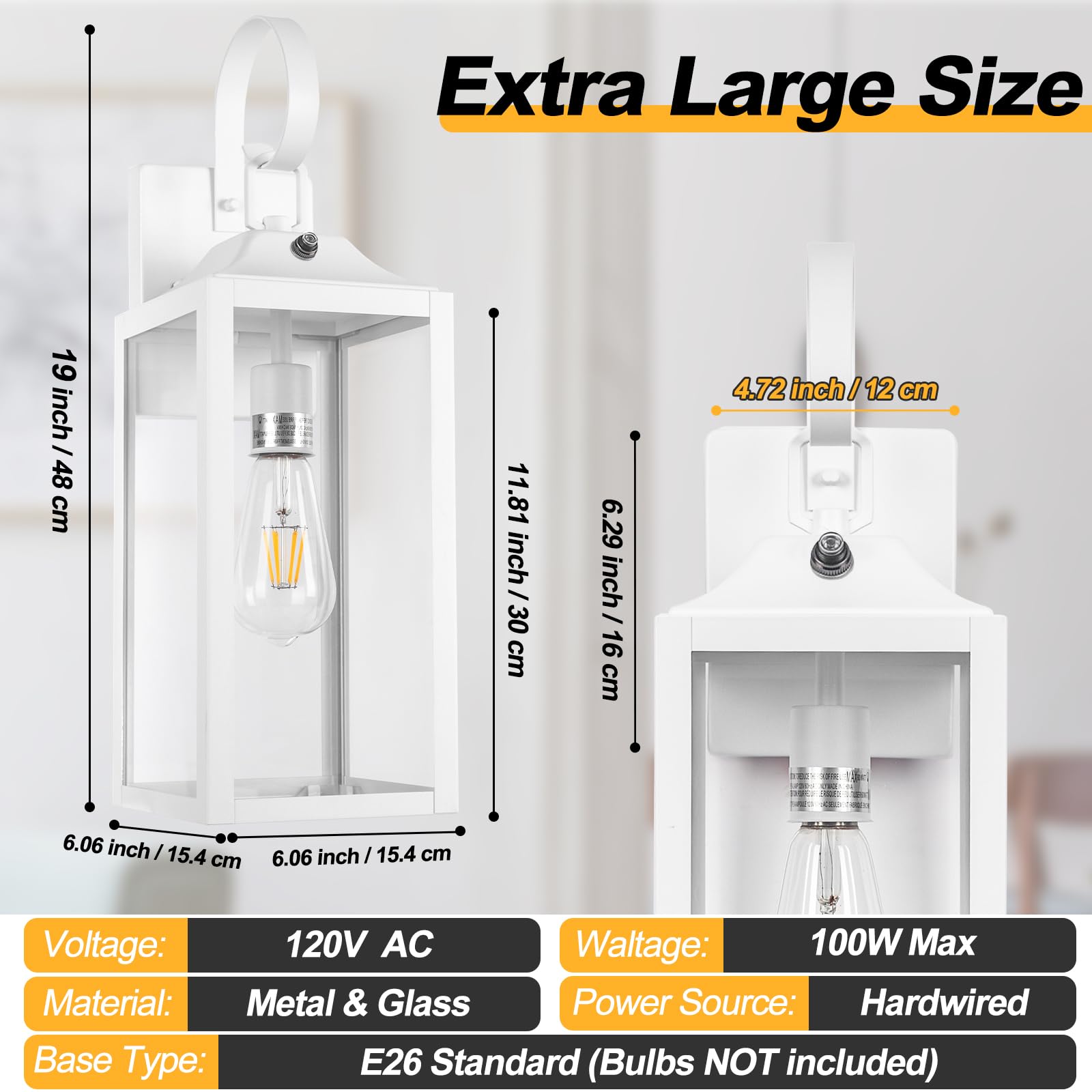 Yolsunes 19&quot; Dusk To Dawn Outdoor Wall Light, Waterproof Industrial Sconce, White Metal Fixture