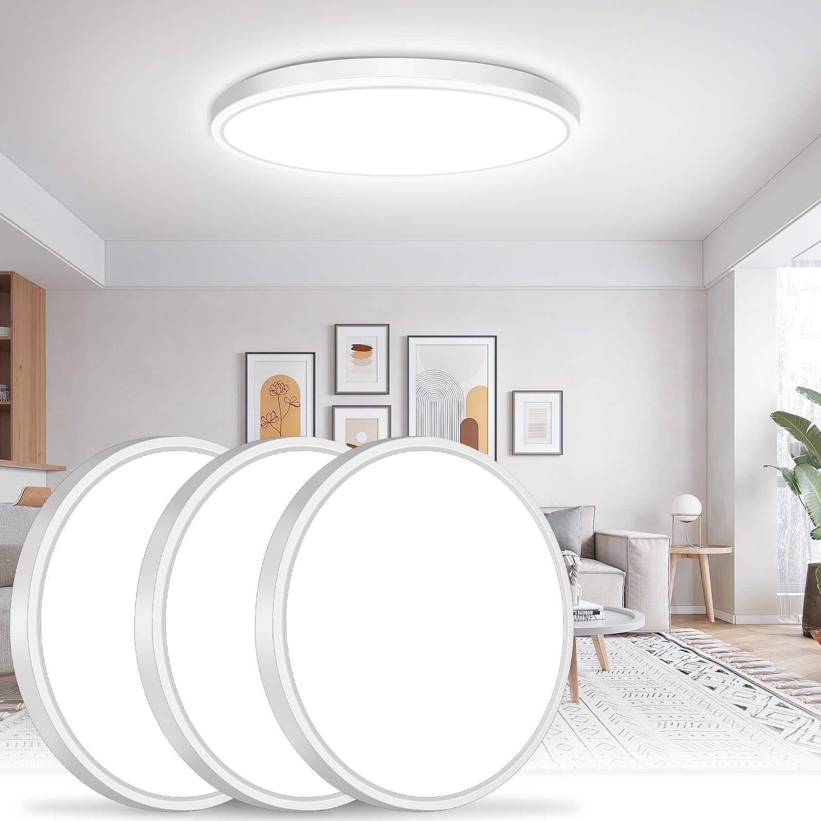Brightever 15 Inch Large Flush Mount Ceiling Light Fixtures  4000LM 300W Equivalent  5000K Daylight White  0.67 Inch Ultra Thin 30W Surface Mount LED Ceiling Lights for Bathroom  Non-Dimmable  3 Packs