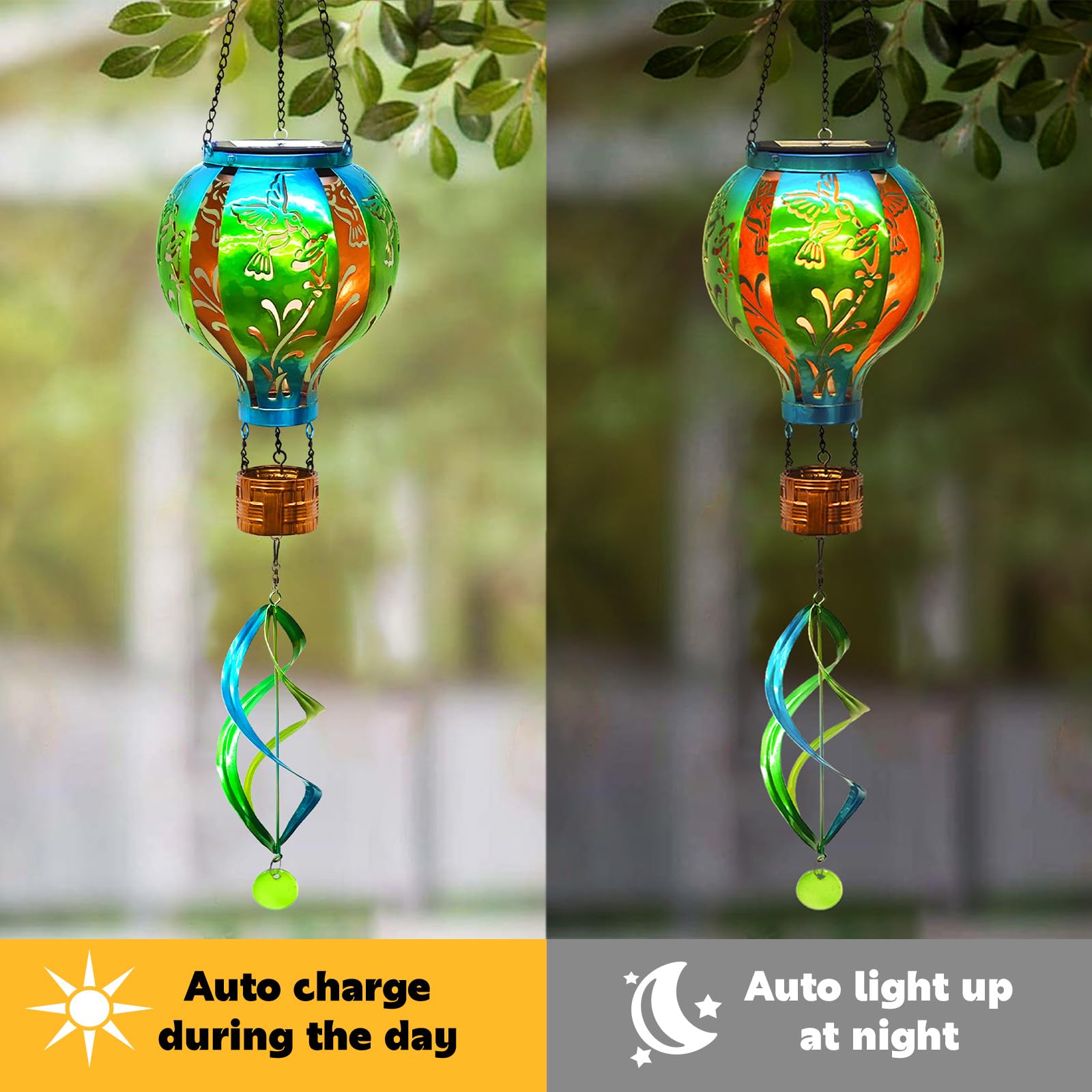 SUNNYPARK Green Hot Air Balloon Solar Lantern - Hummingbird Wind Spinner with Flickering Flame Light for Outdoor Patio Garden Decor