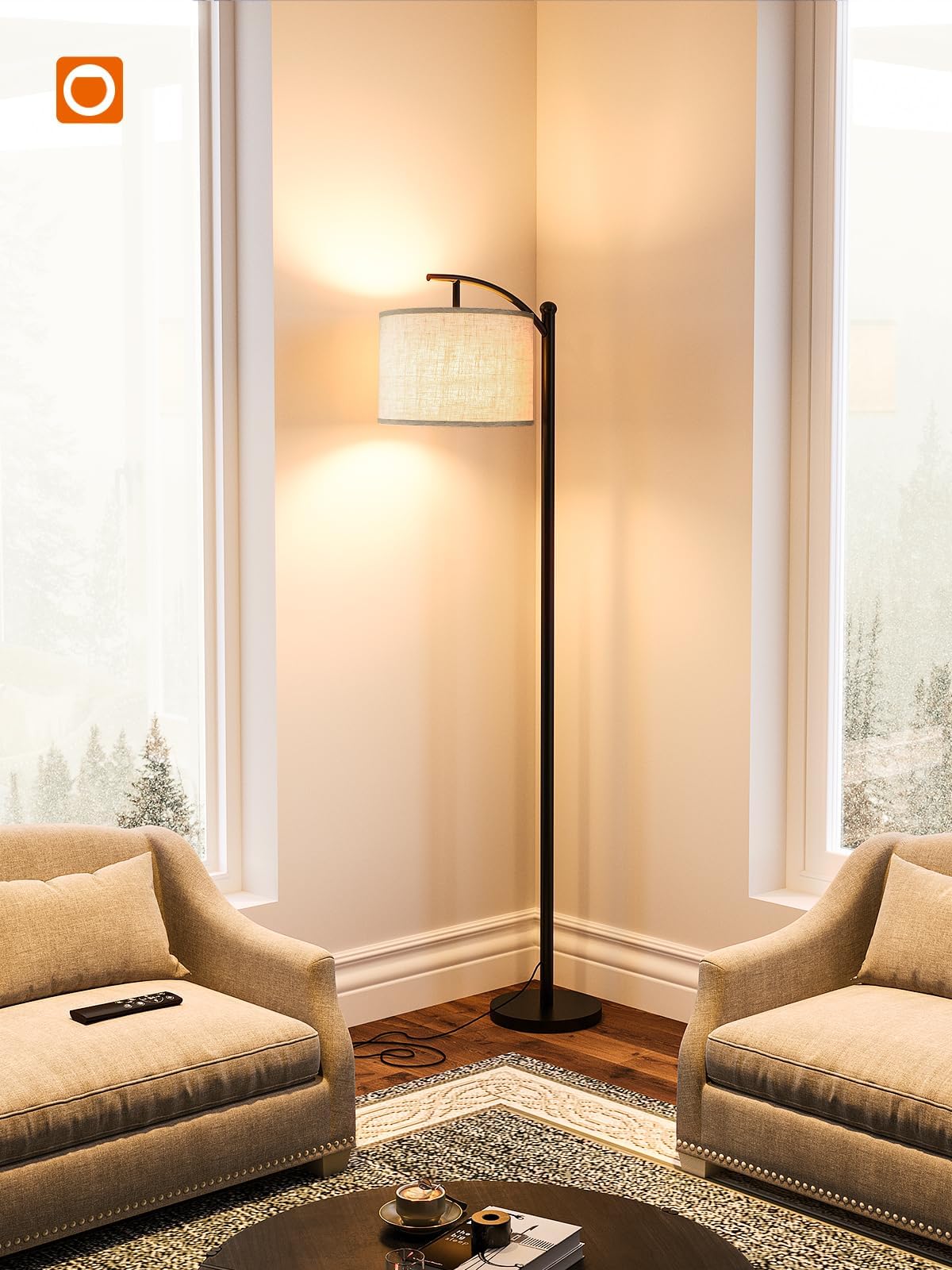 addlon Floor Lamp - Dimmable Remote Control Standing Lamp with Linen Shade, 9W LED Bulb Included, Black & Beige, Model YY-03