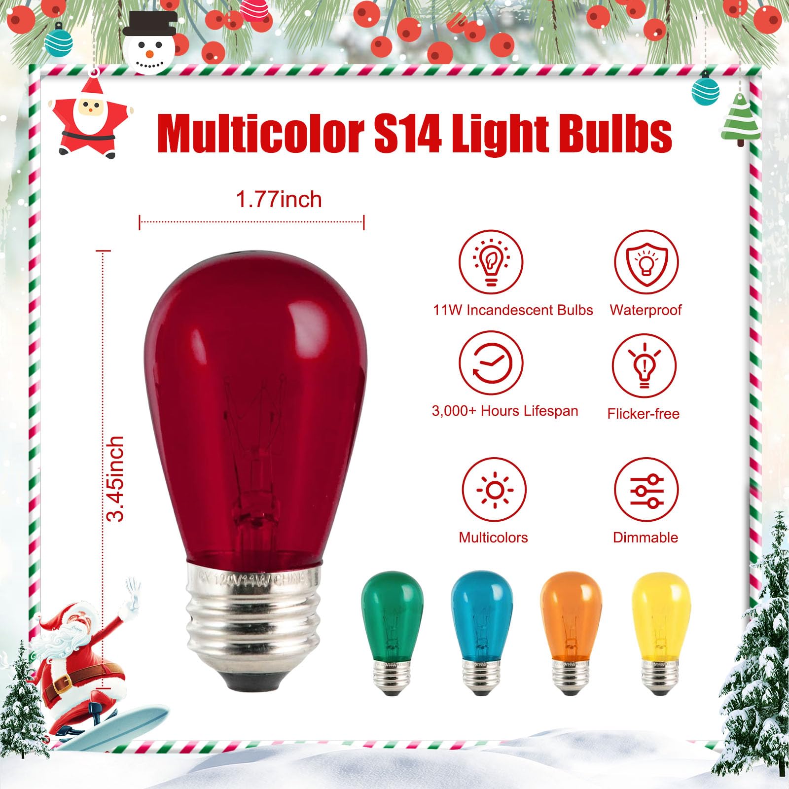 Minetom S14 Vintage Christmas Bulbs, 20 Pack, 11W Waterproof Multi-Color Edison Bulbs for Indoor/Outdoor Decoration