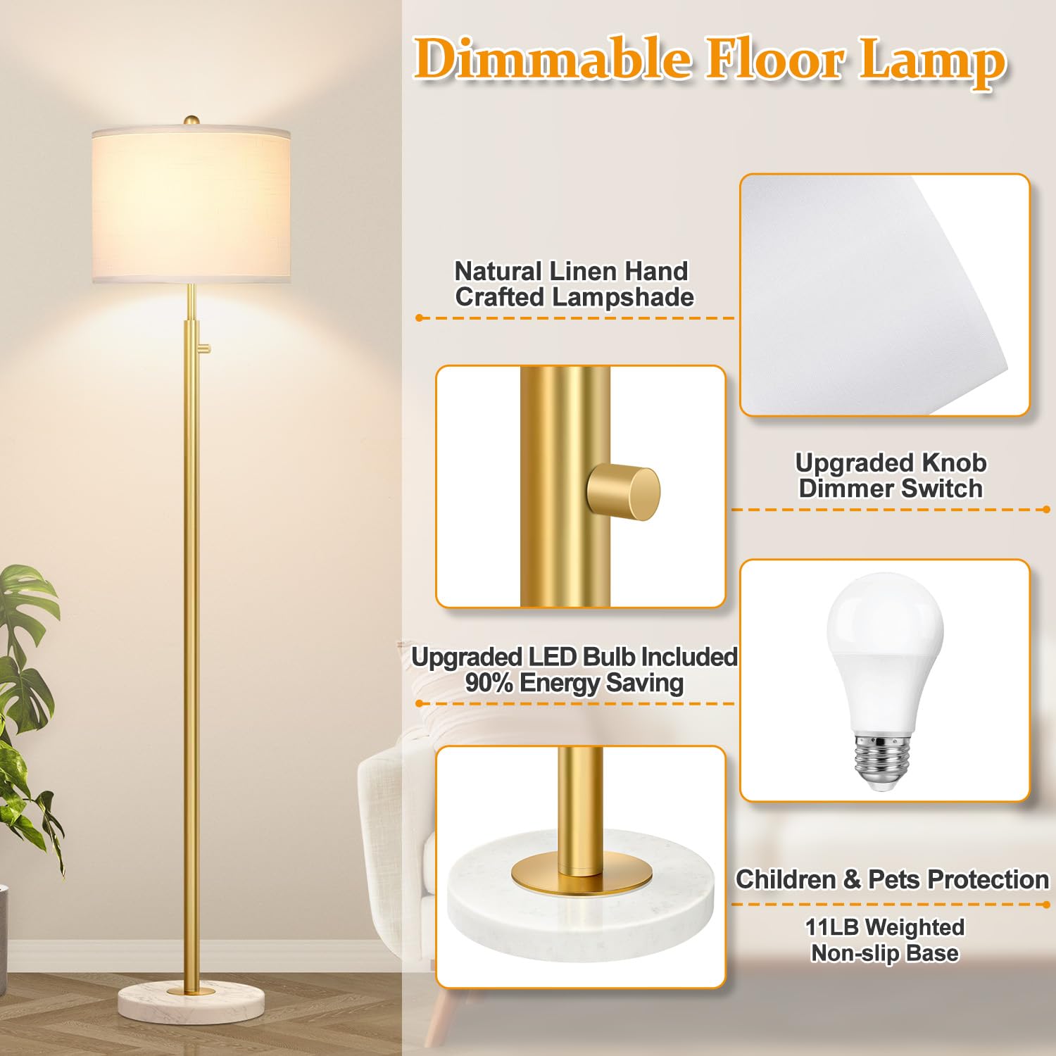 ?Upgraded?Dimmable Gold Floor Lamp For Living Room, 11W Led Bulb Included, Modern Standing Lamp With Marble Base, Tall Pole Ligh