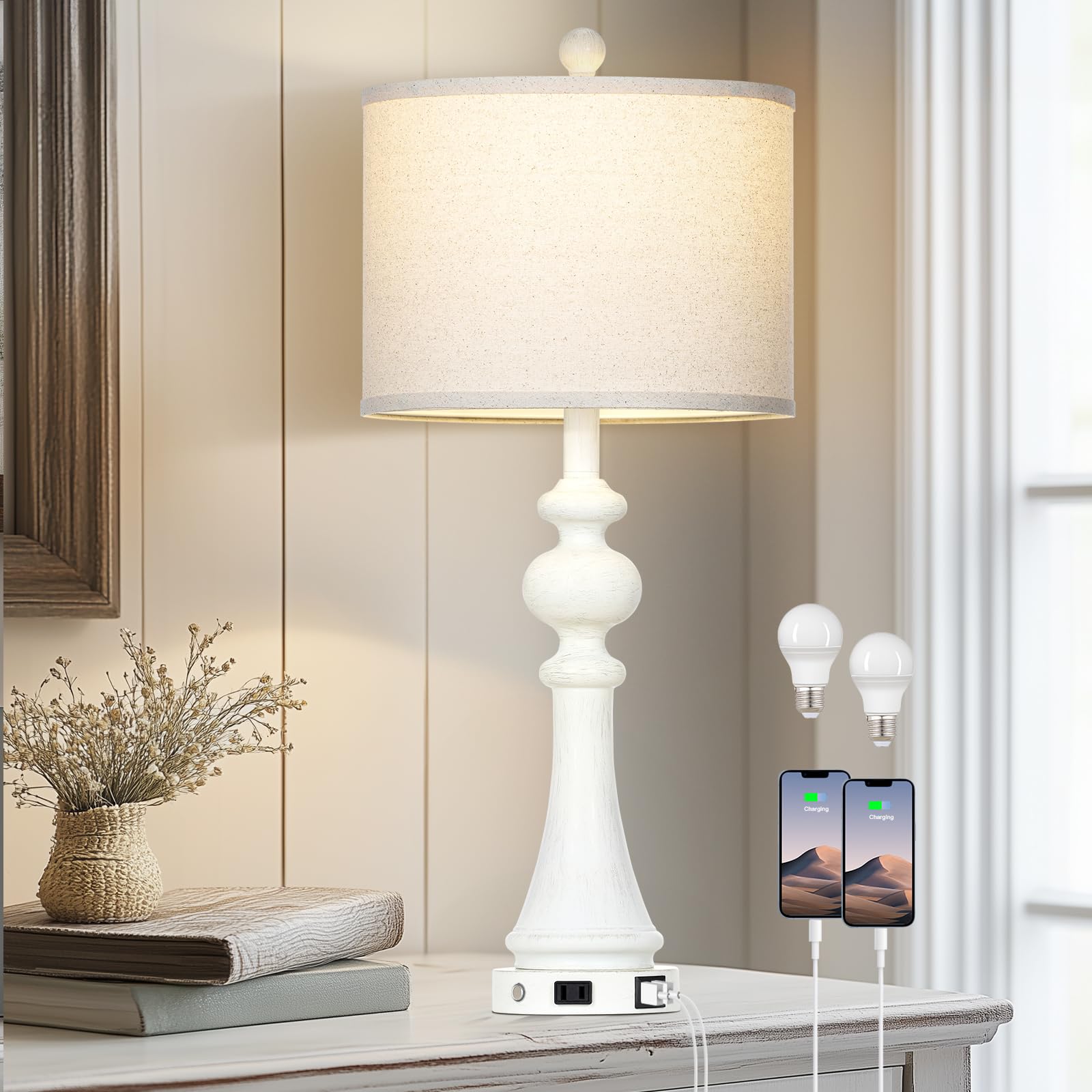 28'' Farmhouse Table Lamp with USB A+C Fast Ports & AC Outlets, Vintage Rustic 3-Way Dimmable Touch Control Table Lamp, Rustic T