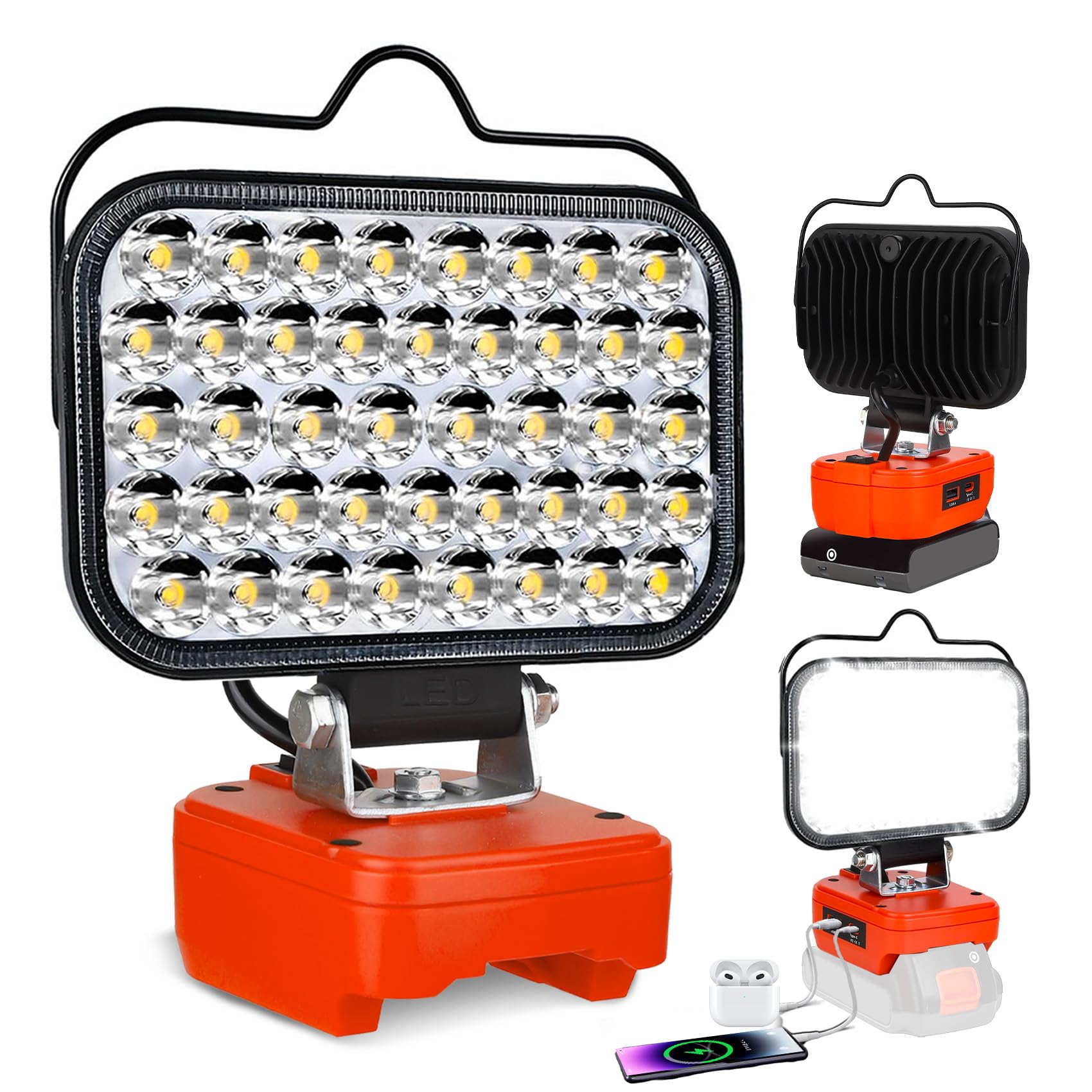 Fiihio Cordless LED Work Light Compatible with Black+Decker 20V Max Battery, 90W 7000LM Flood Light with USB & Type-C, Low Volta