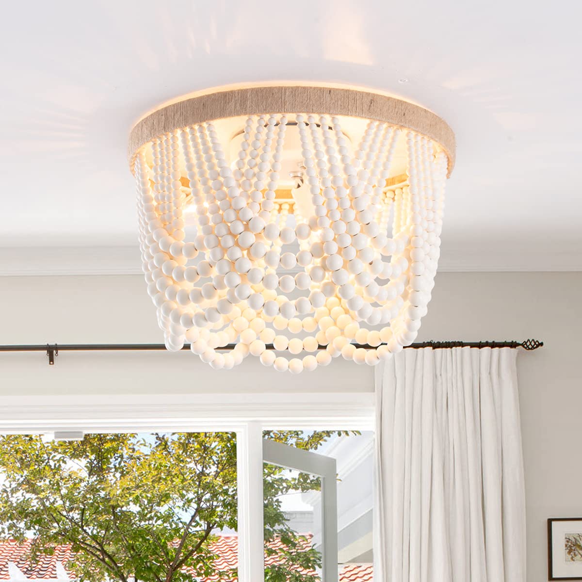 VILUXY Bohemia Wood Beaded Flush Mount Ceiling Light, Antique Rustic 3-Light Chandelier, Oak White Finish for Bedroom, Nursery, Dining Room