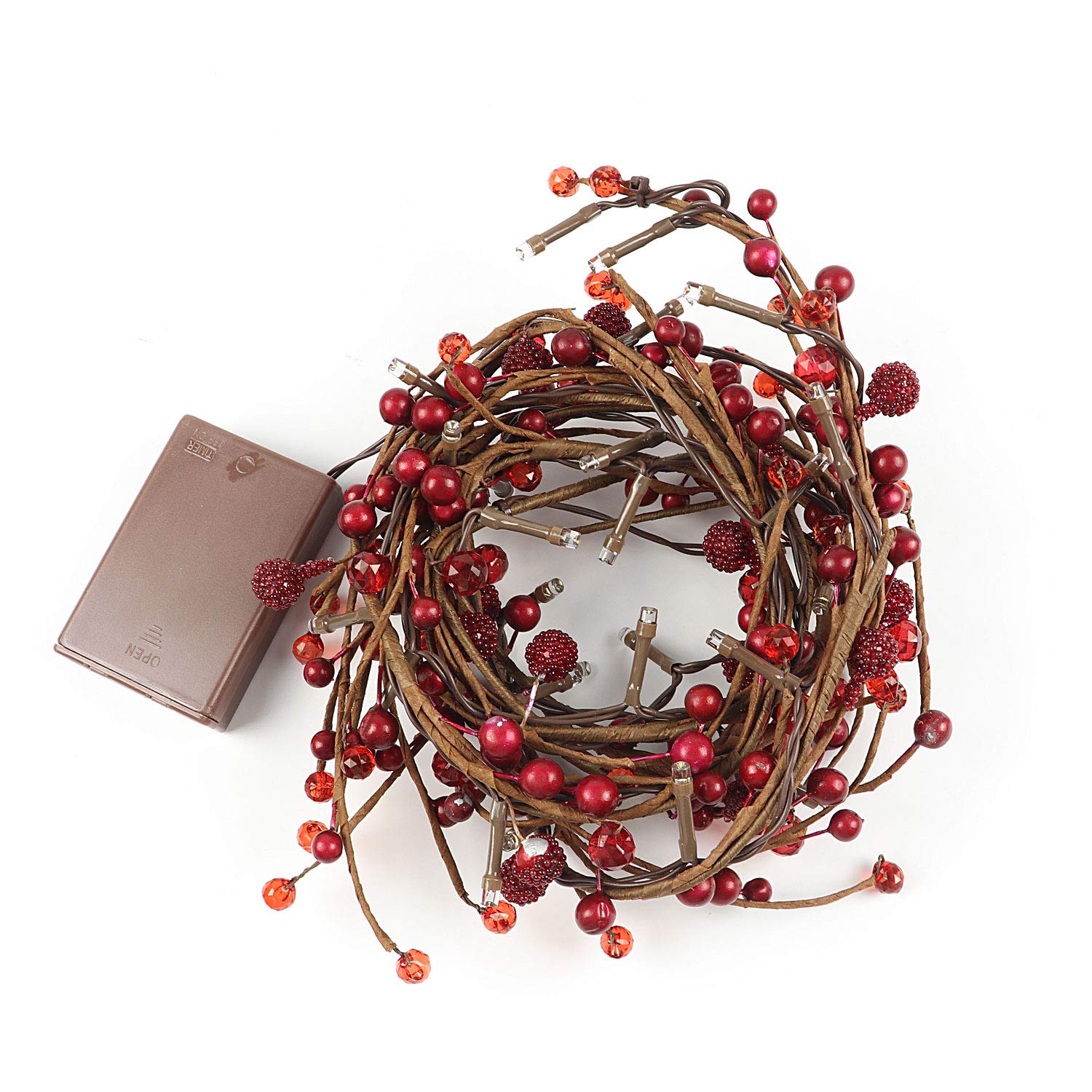 Rhytsing Pre-lit Red Berry Garland with 30 LED Lights, 5.9FT Battery Operated Fairy String Lights for Christmas Decoration