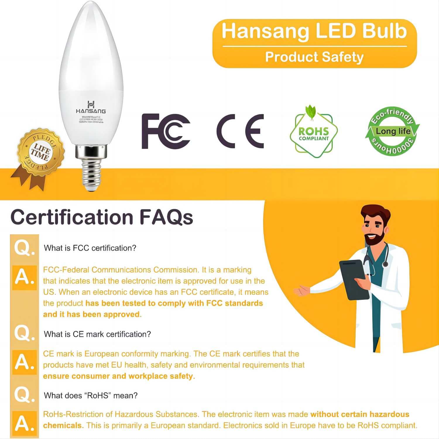 Hansang 8 Pack E12 Led Candelabra Bulbs 2700K Warm White, 6W 60Watt Equivalent, B11 Ceiling Fan Light Bulbs Small Base, Type B L