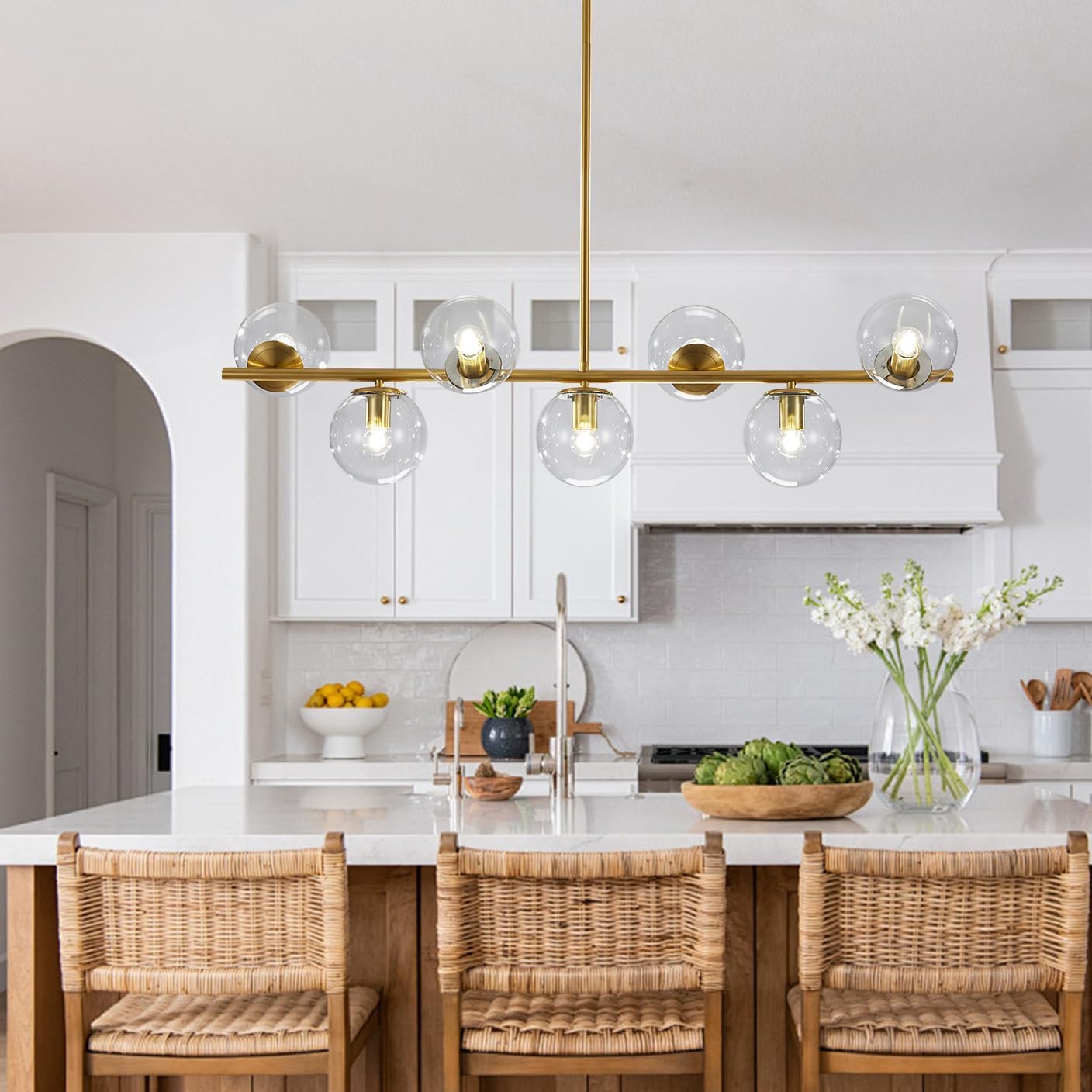 KCO 7-Light Sputnik Chandelier, Brass & Clear Glass, Modern Pendant Lighting for Kitchen Island, Dining Room, Model L1043-GC