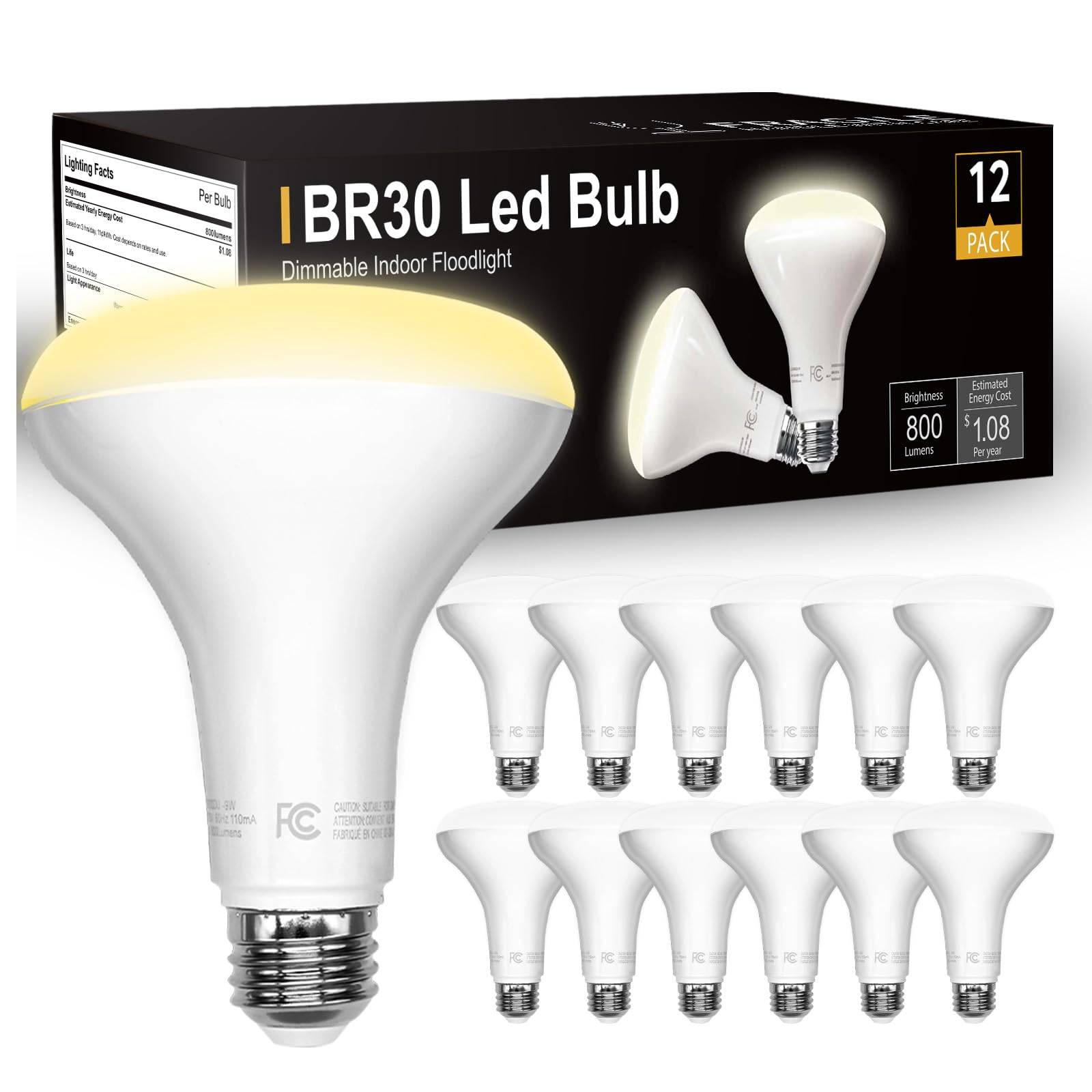 Daybetter 12 Pack Br30 Led Light Bulbs, Dimmable Indoor Flood Lights, Warm White 2700K, E26 Base, 9W, 65W Equivalent, 800 Lm, Re