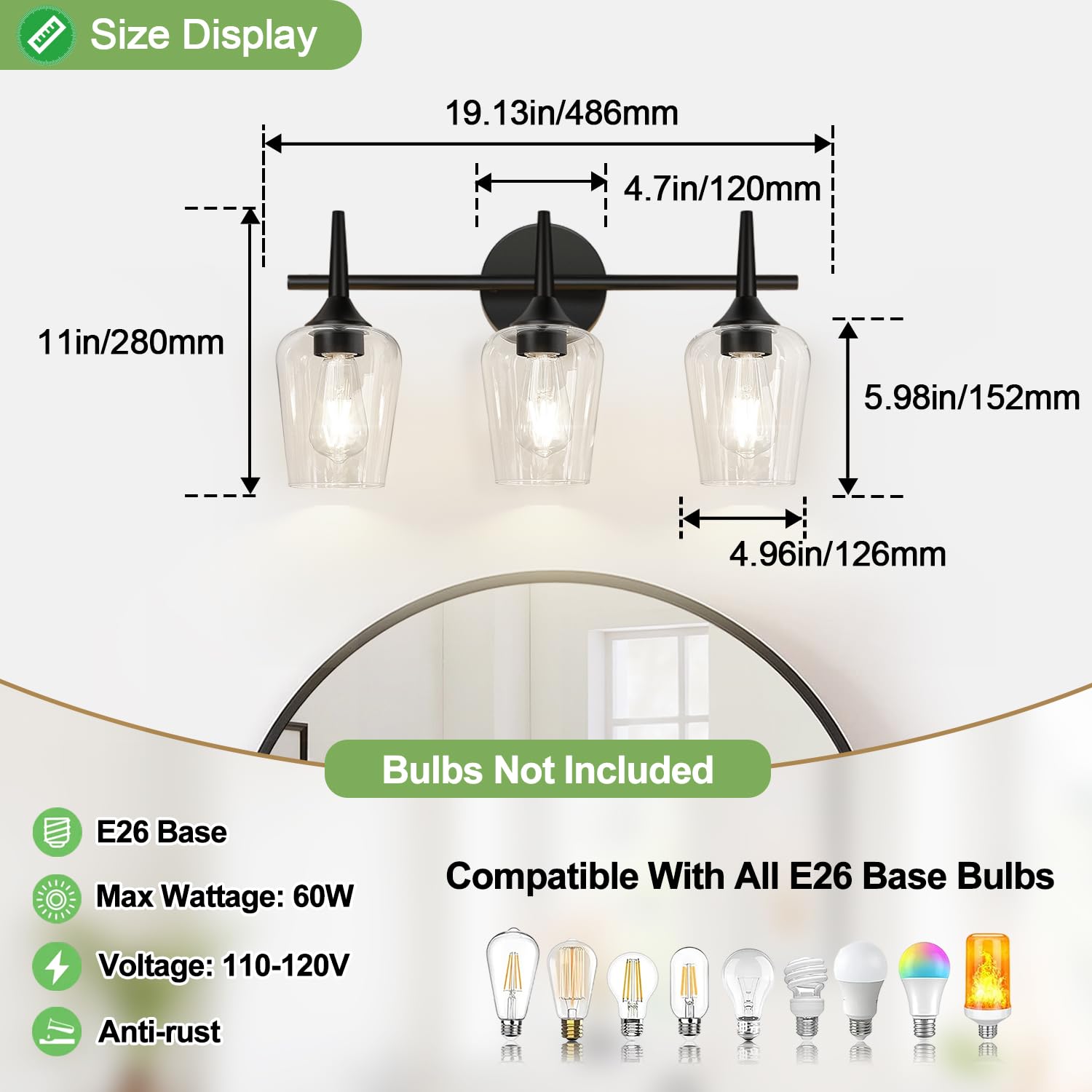 Mokatng 2025 Upgrade 3-Light Bathroom Light Fixtures  Black Vanity Lights For Bathroom With Clear Glass  19.5 Inch Bathroom Lighting Fixtures Over Mirror  Modern Wall Lamp For Cabinet Hallway