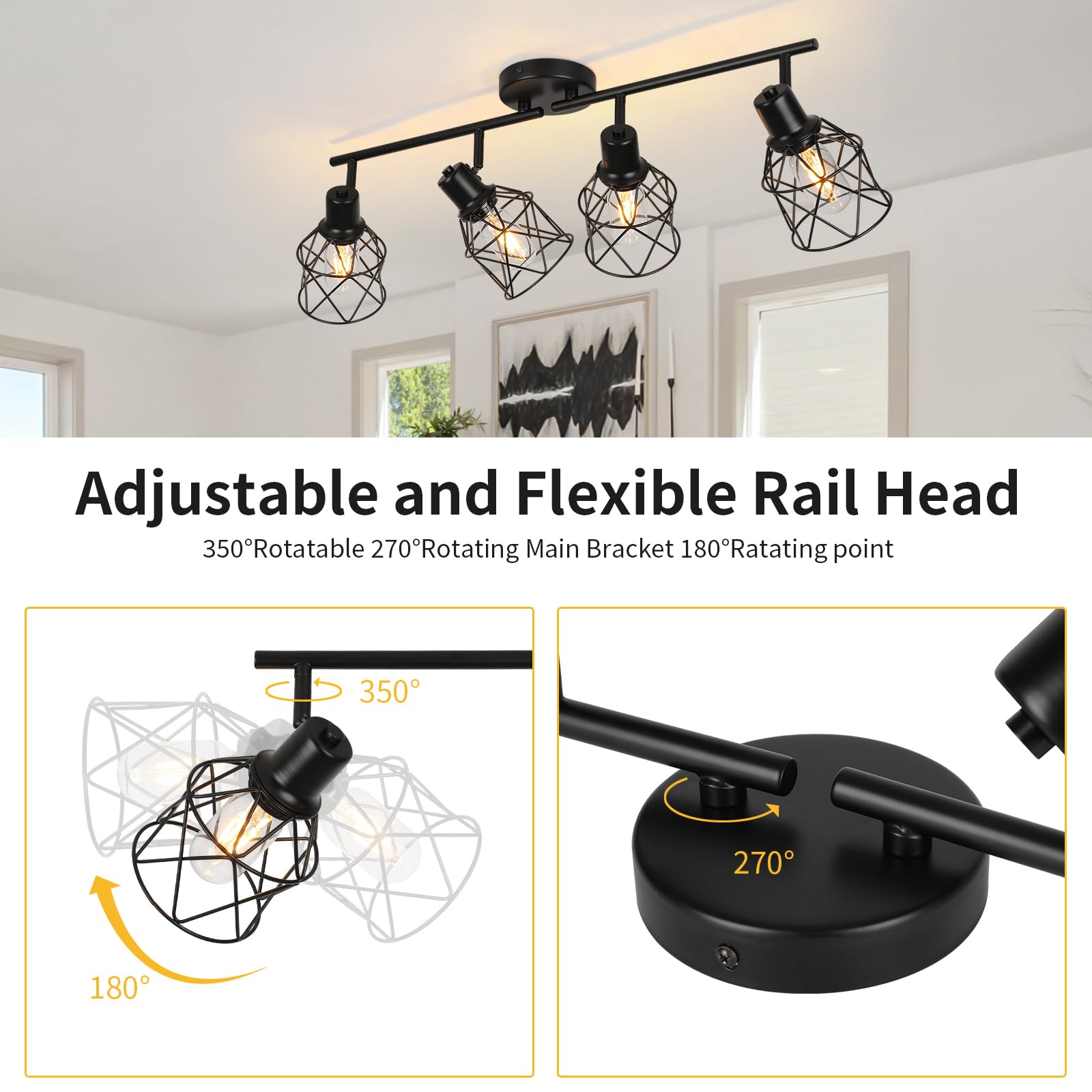 Wilon Track Lighting Fixtures Ceiling 4-Light Flush Mount Ceiling Spot Lights, Industrial Track Light Black Kitchen Light Fixtures Rotatable Spotlight For Kitchen Hallway Living Room (E26 Base)