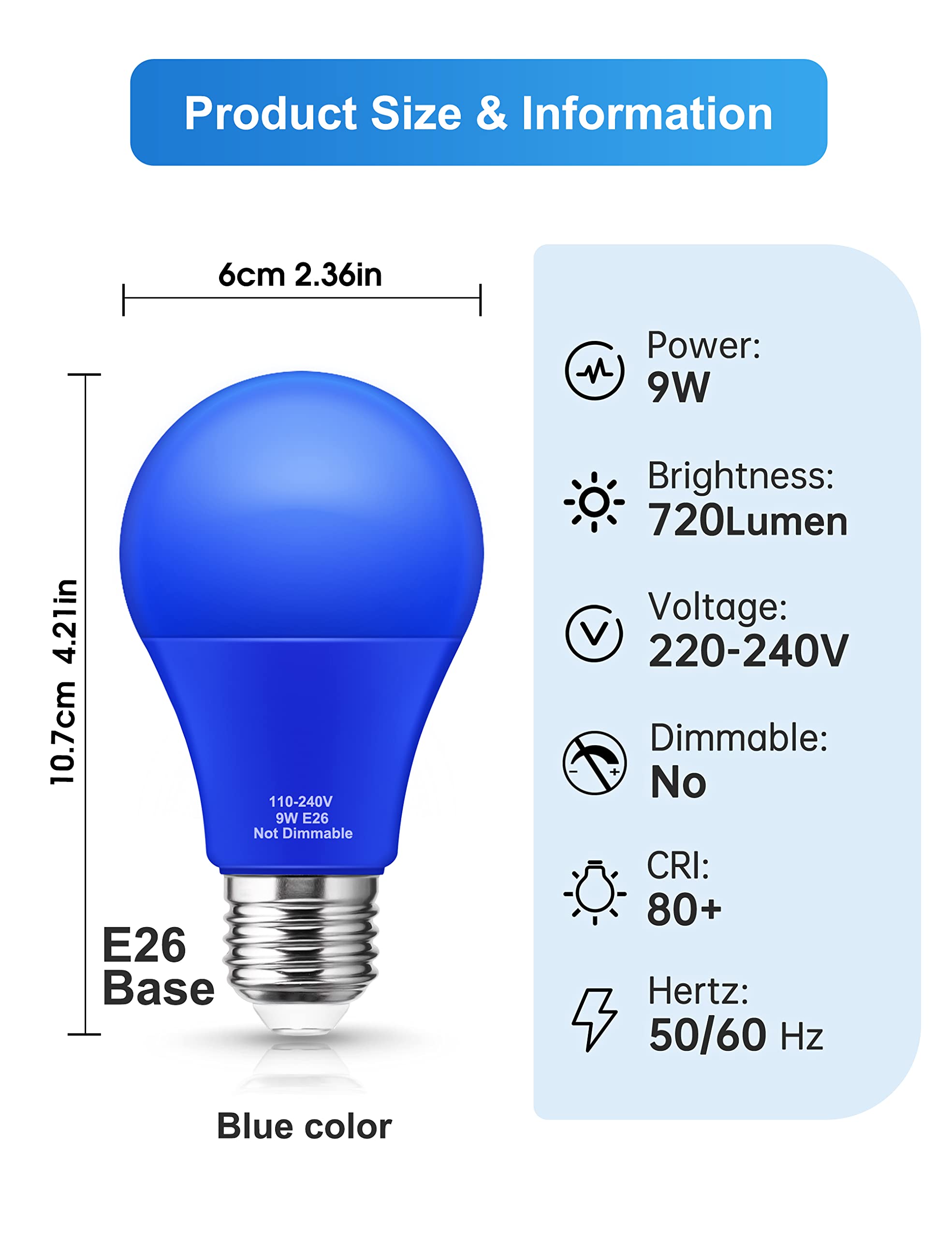 Blue Light Bulbs [ 4 Pack ] A19 Blue LED Light Bulbs Outdoor 60W Equivalent 9W, E26 Blue Bulbs, Party Decoration, LED Blue Color