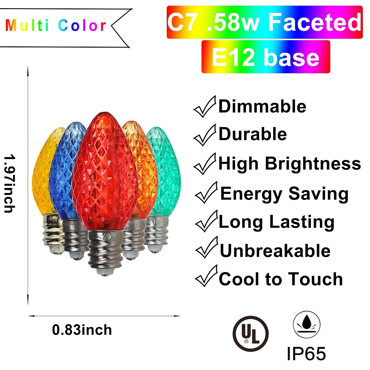 Rainmin Durable 25 Sets Of C7 Led Christmas Light Bulbs,Led Light Bulbs Holiday Decoration,E12 Faceted Multicolored Diammable Bu