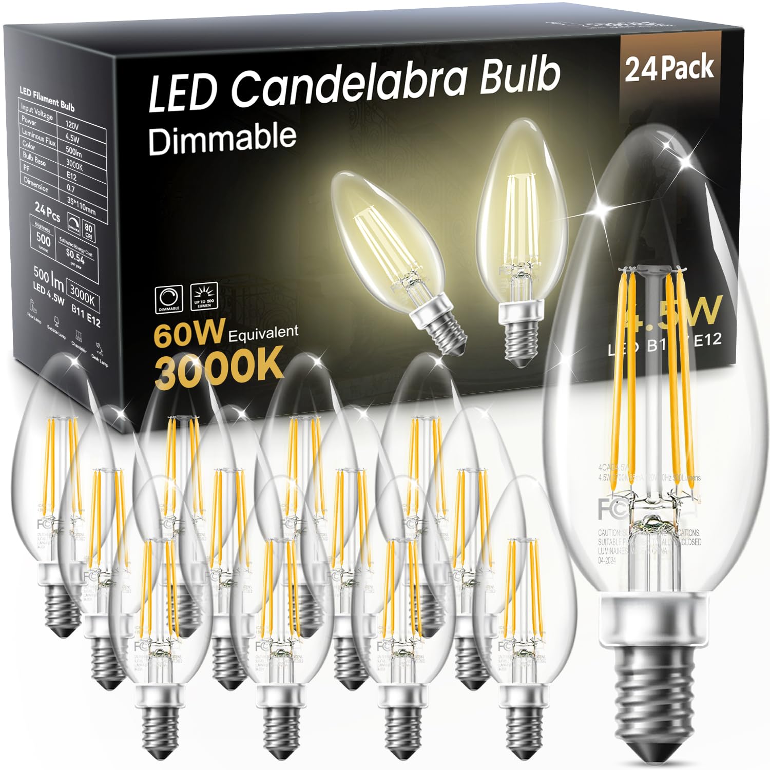TJOY LED Candelabra Bulbs Dimmable  60W Equivalent Chandelier Light Bulb  E12 Small Base  4.5W 3000K Soft White  B11 Vintage Filament Clear Glass Candle Light for Ceiling Fan Chandeliers  12Pack