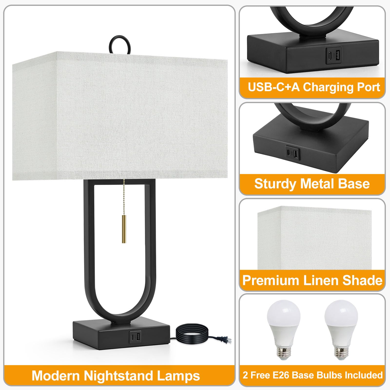 Luvkczc 24'' Table Lamps Set Of 2 With Usb C+A Ports, 3-Way Dimmable Tall Modern Lamps For Night Stands, Contemporary Lamp For Living Room Home Office, Pull Chain Switch&2 Led Bulbs Included