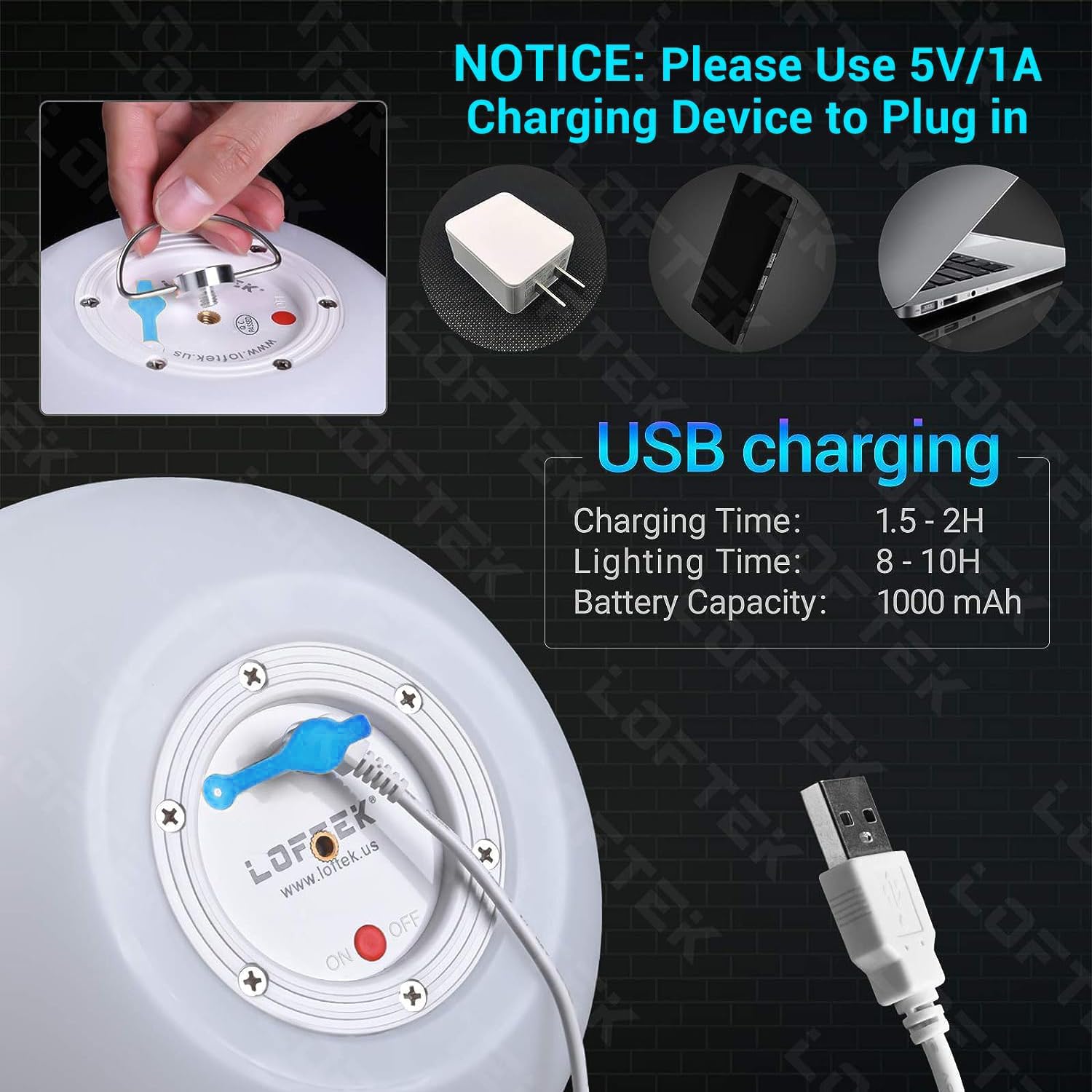 LOFTEK 8-inch LED Night Light Ball - 16 RGB Colors, Dimmable, Rechargeable, IP65, Remote Control, White, Model KD-B120