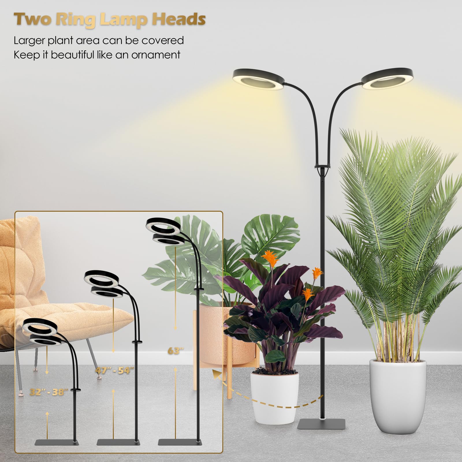 GLOWRIUM 40W Grow Light with Stand, 2-Head Full Spectrum LED, 3/9/12H Timer, 6 Dimmable Levels, Adjustable Height, Black