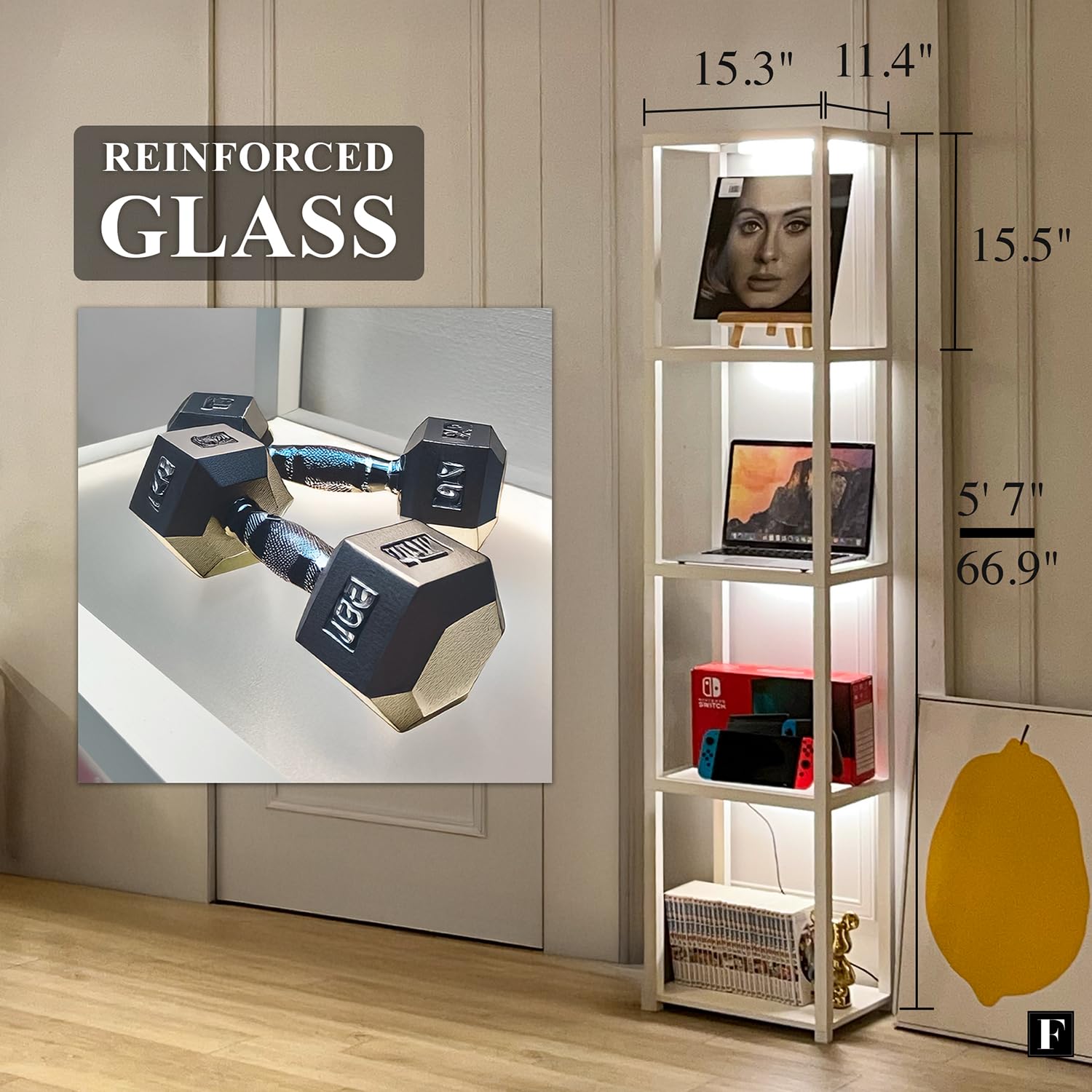 Fenlo Led Display Shelf Unit - Dimmable Lighted Furniture For Bedroom, Living Room, Or Office - Glass Curio Cabinet Shelf Lamp W