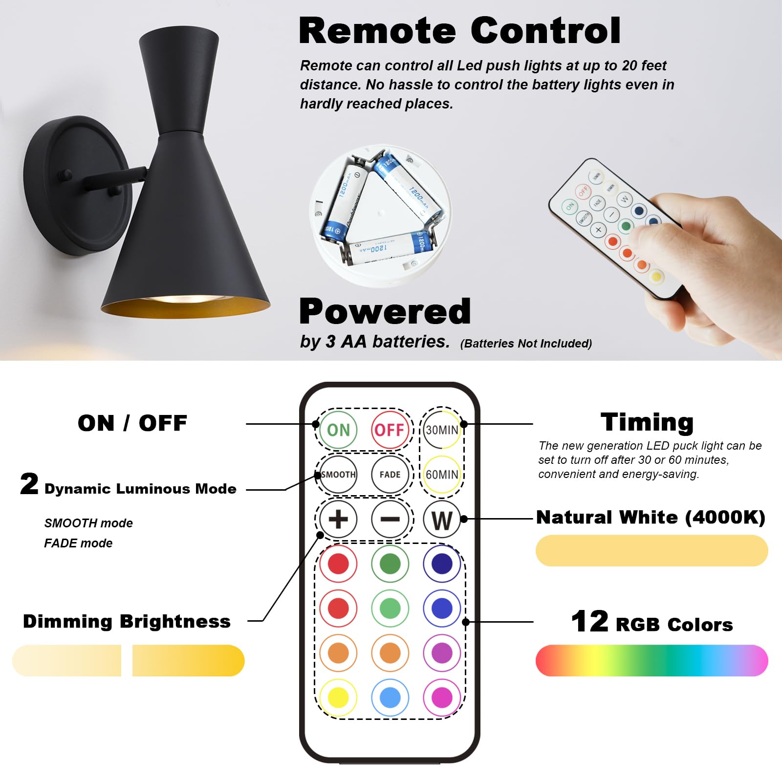 HEQIQEH Modern Wall Sconces Set of 2, RGB Remote Control, Dimmable Metal Lamps in Black, Model HQ-BWT27B2 for Galleries & Bedrooms