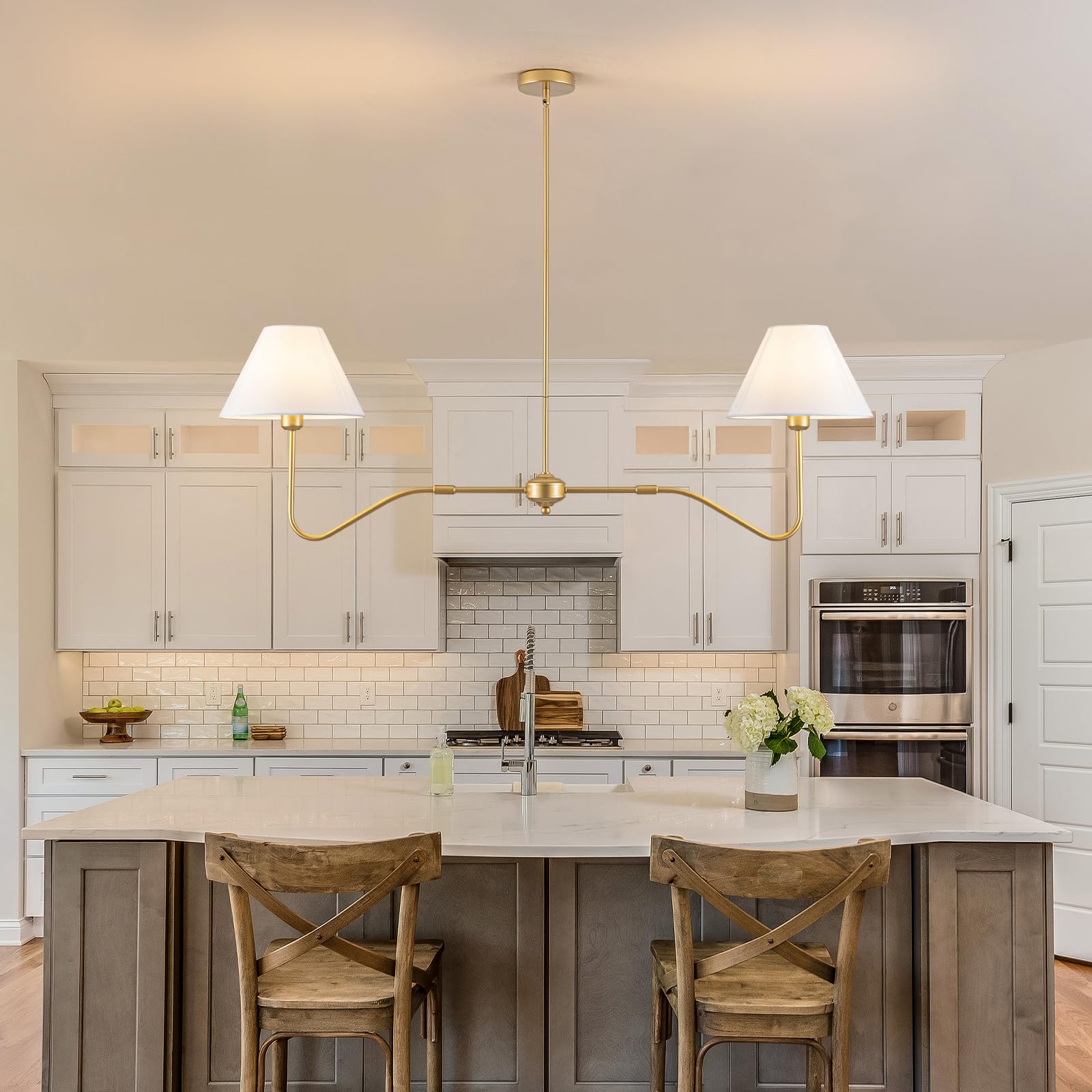JSDORSY 2-Light Gold Linear Chandelier, 55" Adjustable Farmhouse Lighting with White Fabric Shades, Model JL-2T-Gold