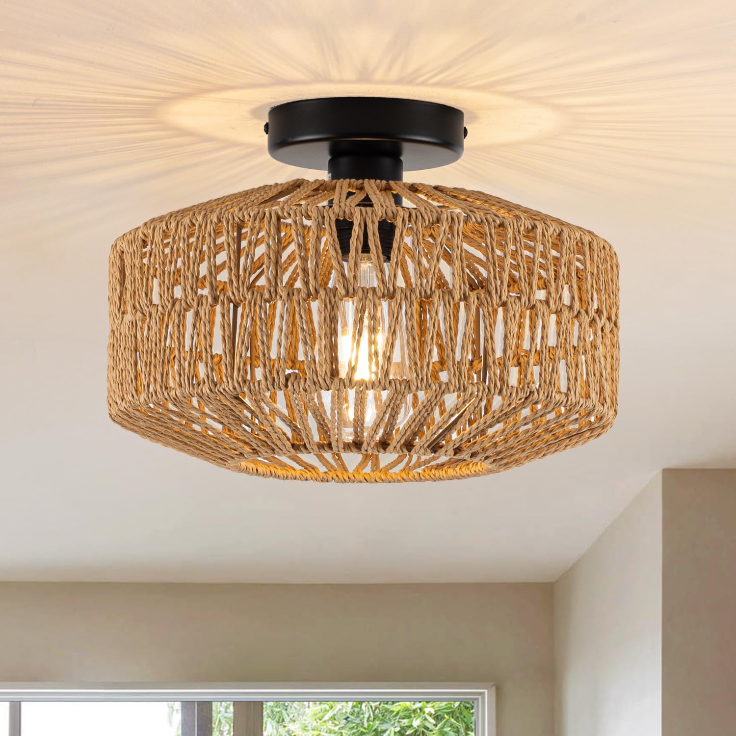 MAYNA 3-Light Boho Light Fixtures Ceiling Mount, Hand-Woven Chandelier Light Fixture,Farmhouse Rattan Flush Mount Ceiling Light 