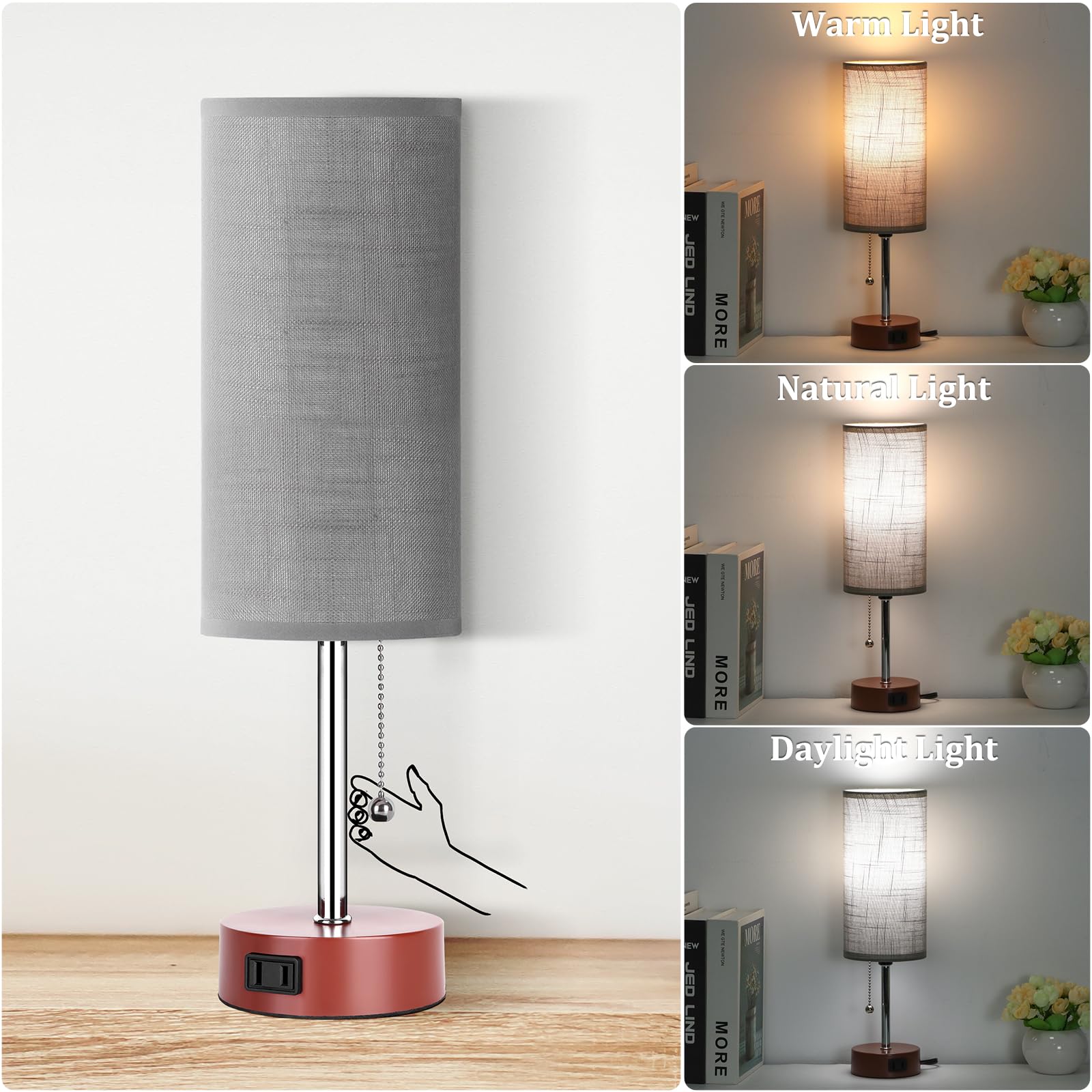 Dott Arts Table Lamp, 3-Color Bedside Lamp with Pull Chain, 15 in, Grey-Brown, Model DK-002, Metal, Bulb Included