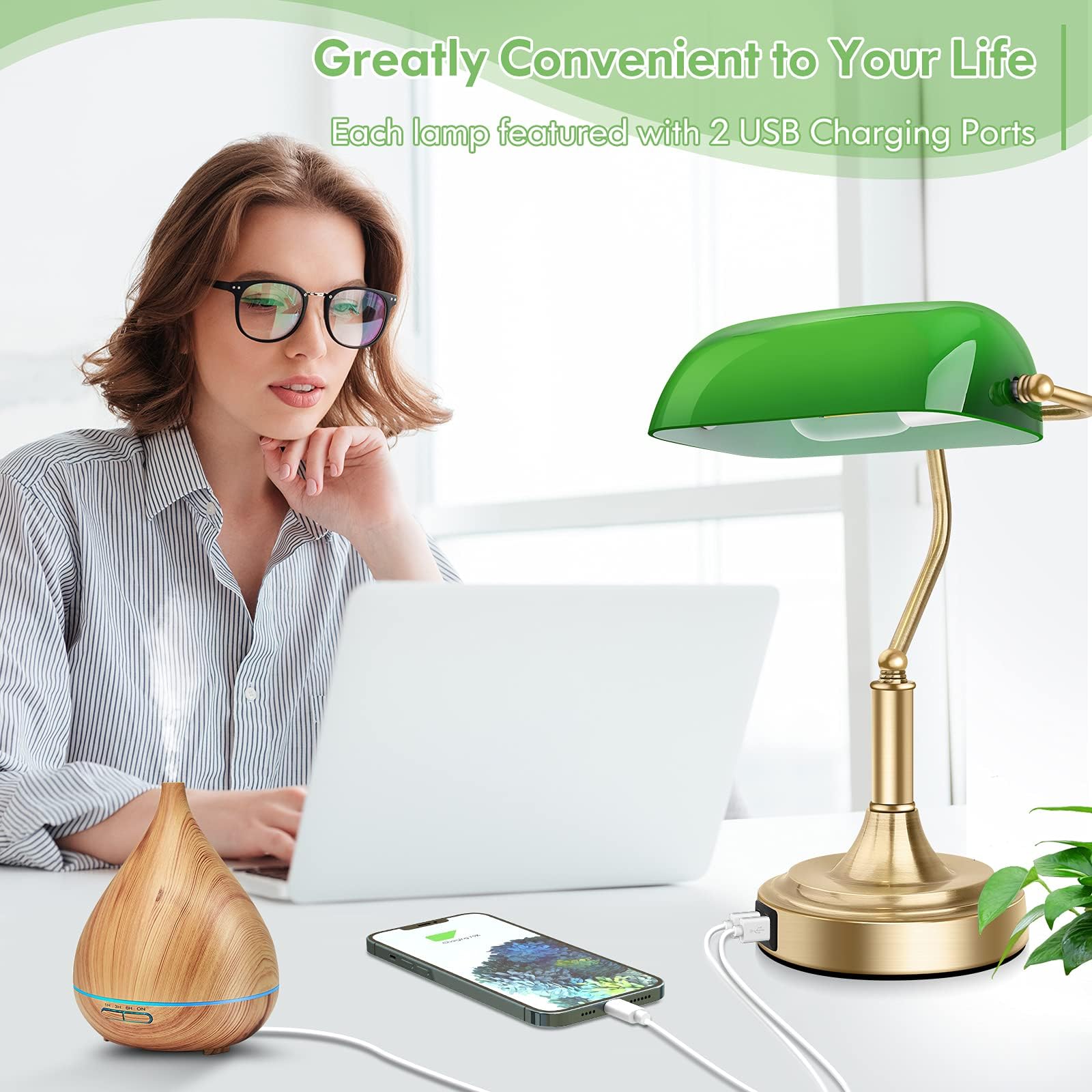 Brightever Bankers Lamp - 3-Way Dimmable Touch Control Green Glass Desk Lamp with Brass Base, 2 USB Ports, Model T1001-1AB