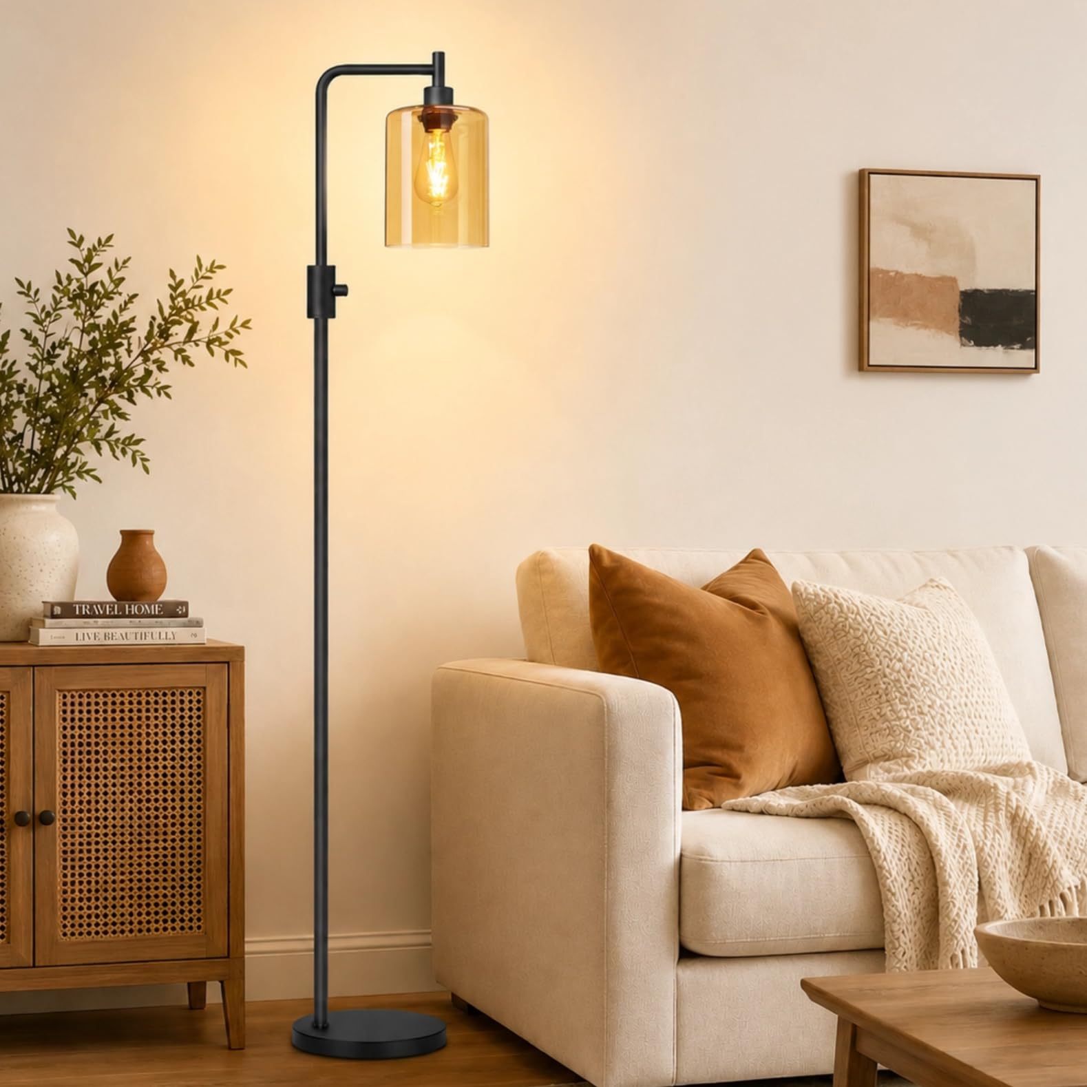 ?Upgraded?Dimmable Floor Lamps for Living Room with Amber Glass Shade, Modern Industrial Floor Lamp with 900LM Bulb Included, Gl