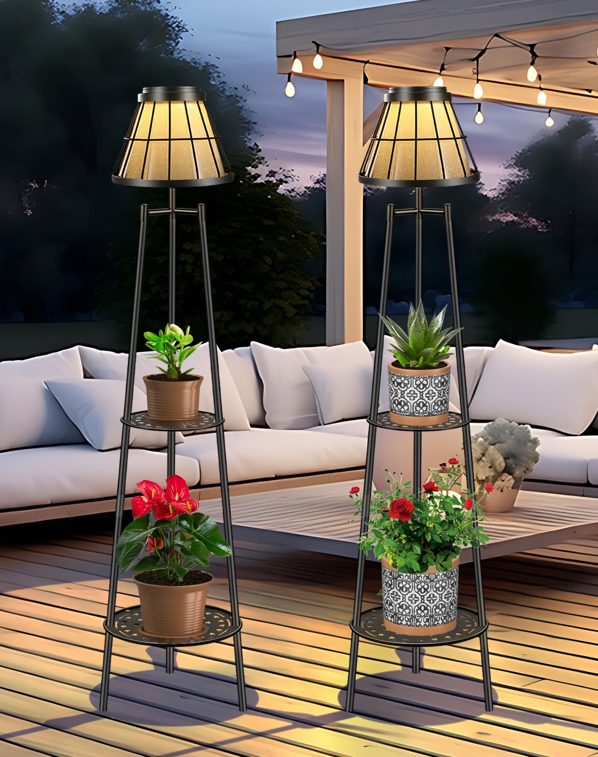 45.4'' Metal Outdoor Solar Floor Lamps 2 Pack, Waterproof Solar Lantern Lights With 2 Plant Stand, Solar Lights Plant Stand For Patio Deck Yard Pathway Porch Garden- Black