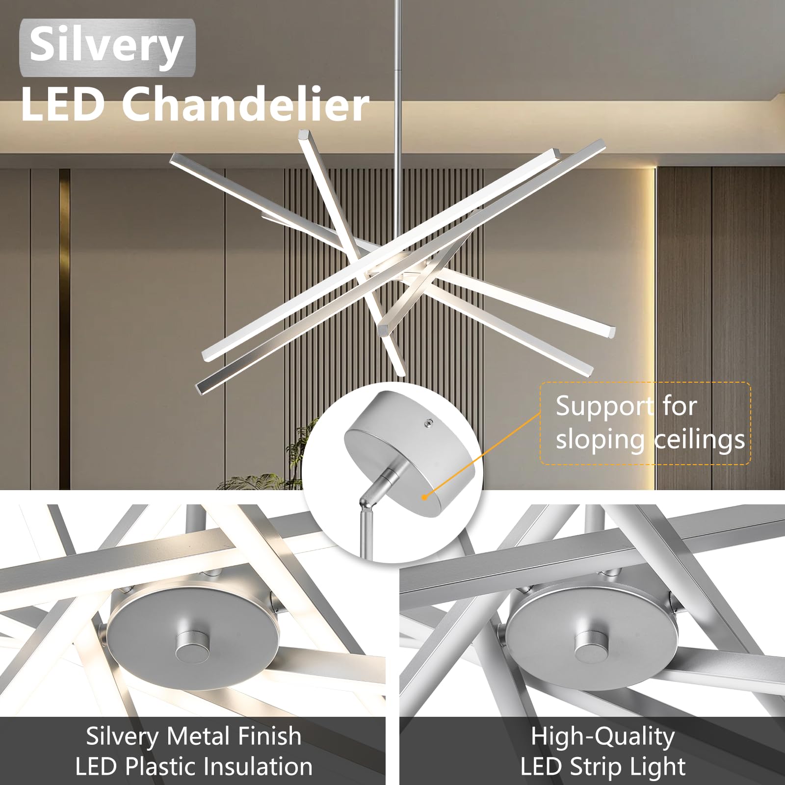 HOGBU LED Modern Chandelier - 6-Lights Silver Pendant Light Fixture, Dimmable, 3000K-6000K, for Dining Room & Kitchen Island, Model G009P