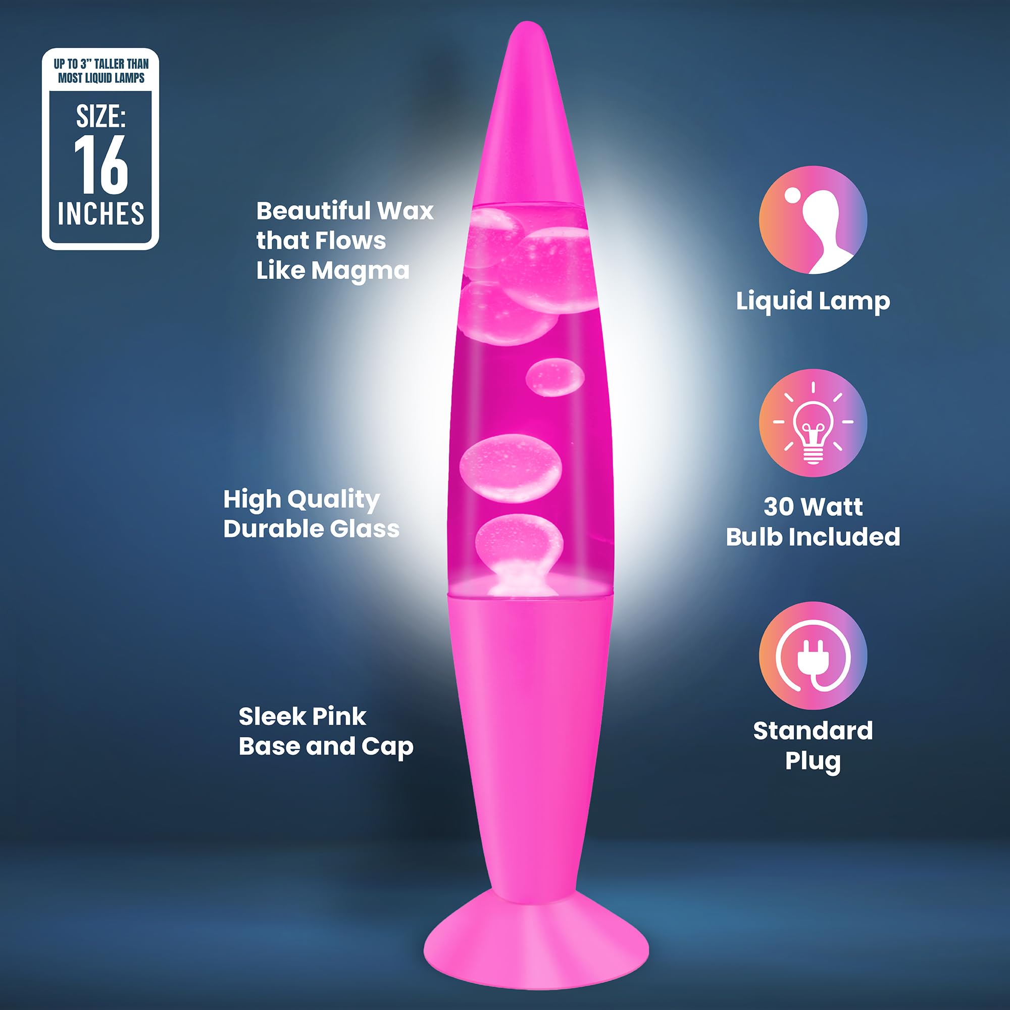 Jambo 16-Inch Liquid Lava Lamp, Glass, Pink Base & Liquid, Model KL-17, Relaxing Night Light for Kids and Adults