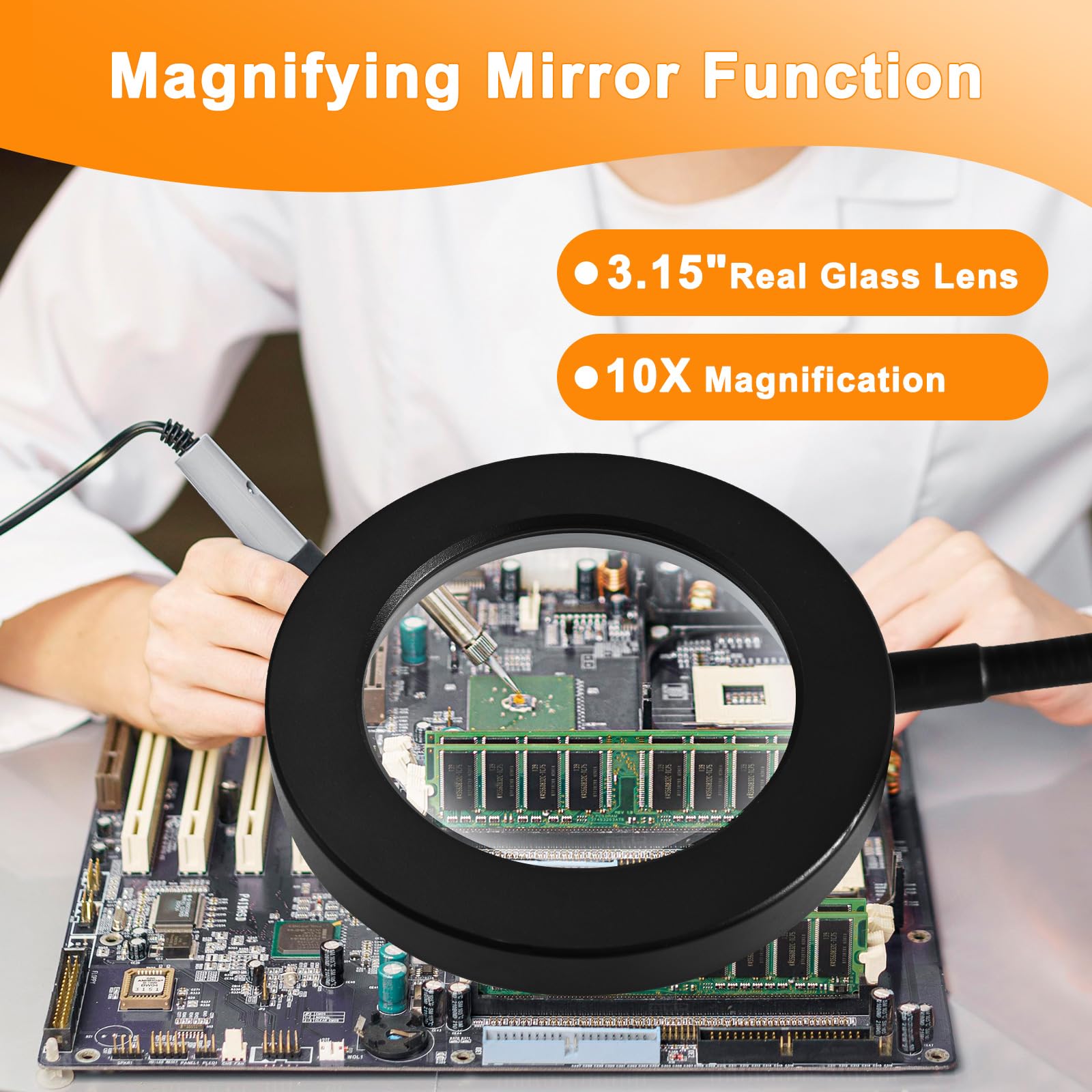 Macasa 10X Magnifying Glass With Light And Timer, 2 In 1 Magnifying Desk Lamp, 3 Color Modes 10 Dimmable Brightness, Flexible Go