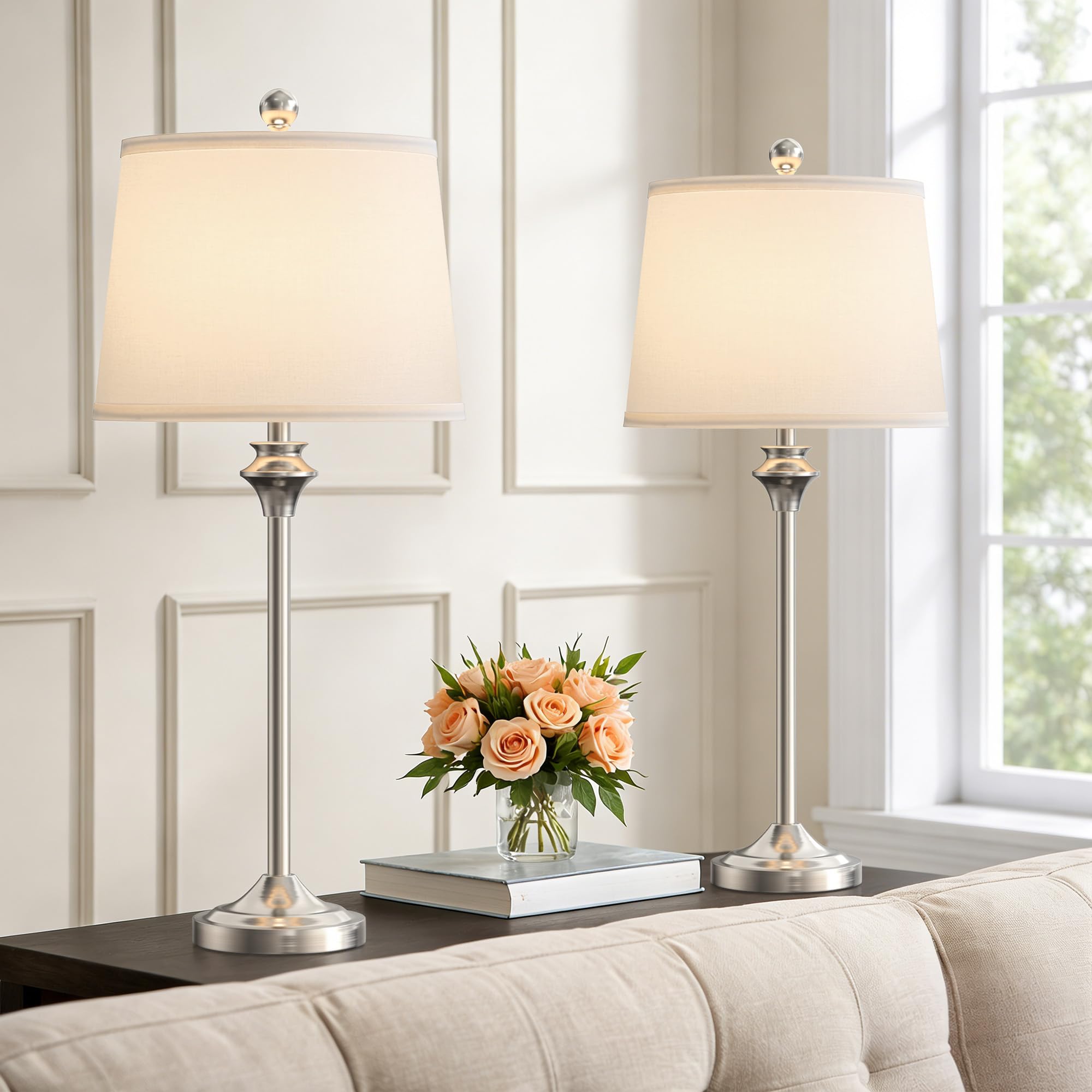 Maxax Set of 2 Brushed Nickel Table Lamps  26 Modern Metal Bedside Lamps with White Drum Shades  Traditional Nightstand Lamps for Bedroom  Living Room  Office 