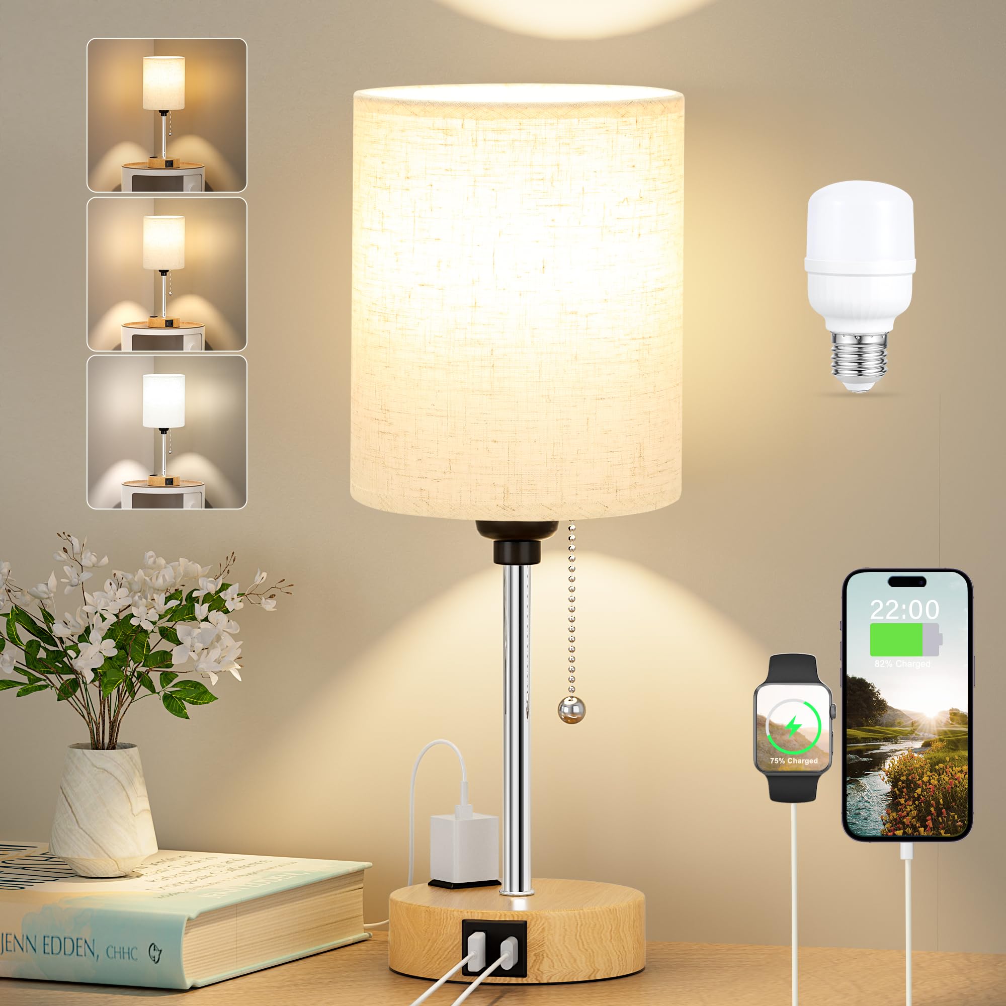 Small Bedside Lamp For Bedroom Nightstand - Table Lamp With Usb C And A Port, Pull Chain Bed Lamp With Ac Outlet, Nightstand Lamp With Wood Base For Kids Reading, Desk Lamp For Living Room/Dorm Room
