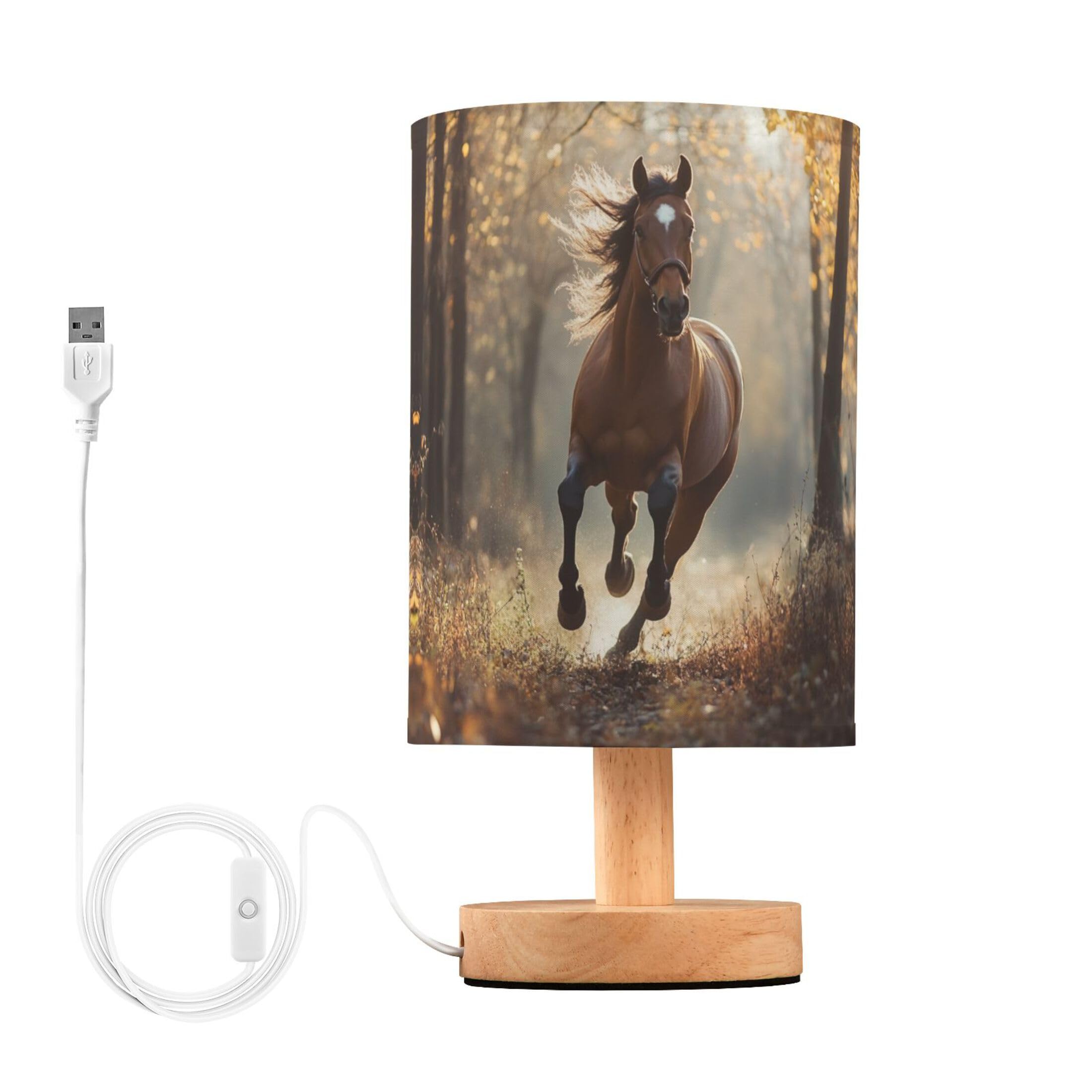 YYZZH Table Lamp Horse Running in Sunshine Forest Nightstand Lamp with Wood Base Fabric Lamp Shade Bedside Desk Lamp for Living 