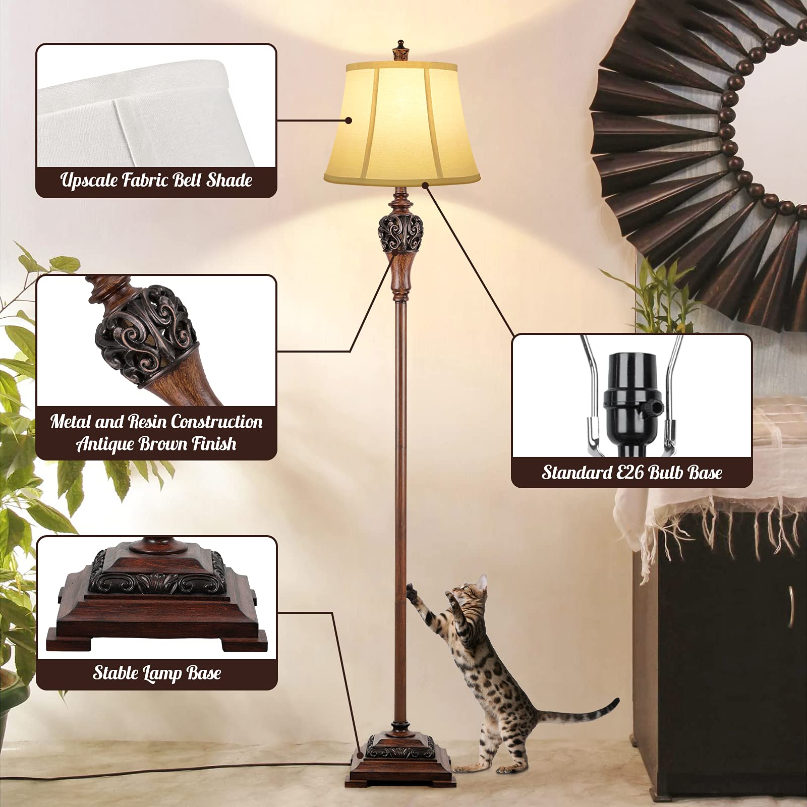 Sucolite Vintage Floor Lamp - Rustic White & Brown Tall Standing Lamp For Living Room & Bedroom