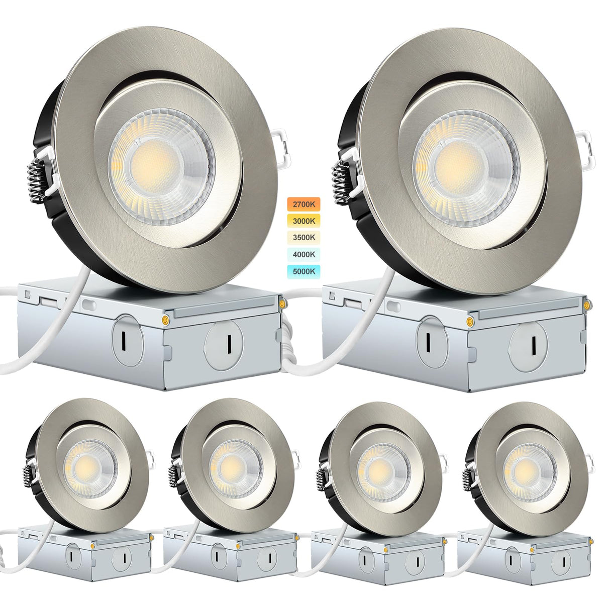 KnLnny Ware Brushed Nickel Recessed Lighting 4 Inch 6 Pack, Ajustable Eyeball Gimbal canless recessed Light with Junction Box,9W