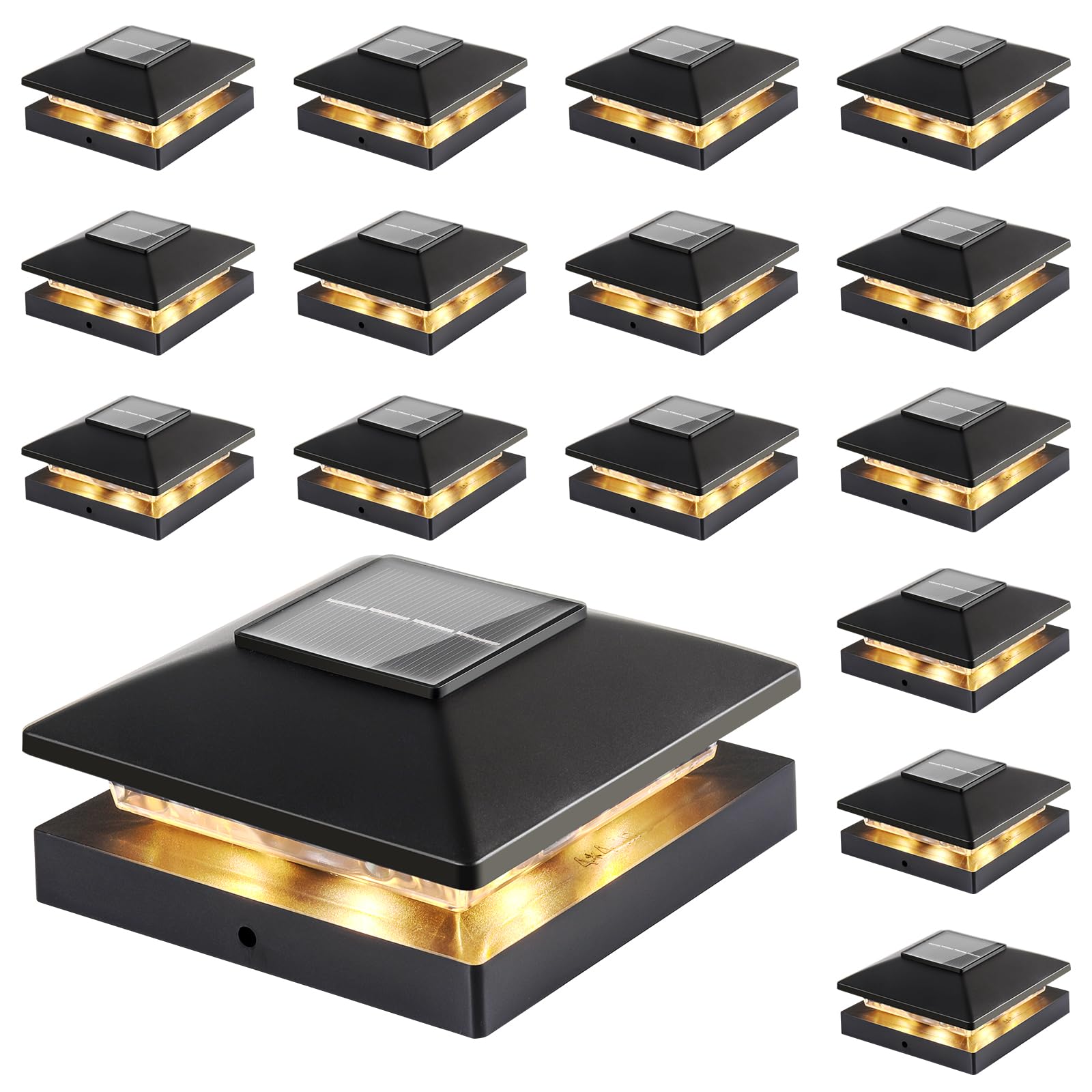 Solar Post Cap Lights Outdoor 16pack, Black Waterproof Solar Powered Deck Fence Post Lights Fit 4x4 Wood/Vinyl Posts, Bright War