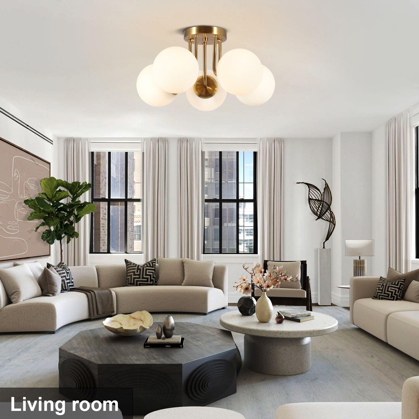 Bektas 5-Lights Semi Flush Mount Ceiling Light Fixture, Brushed Gold, Milk Glass Globe, Model 305-230758BA-US479, Ideal for Living Room & Bedroom