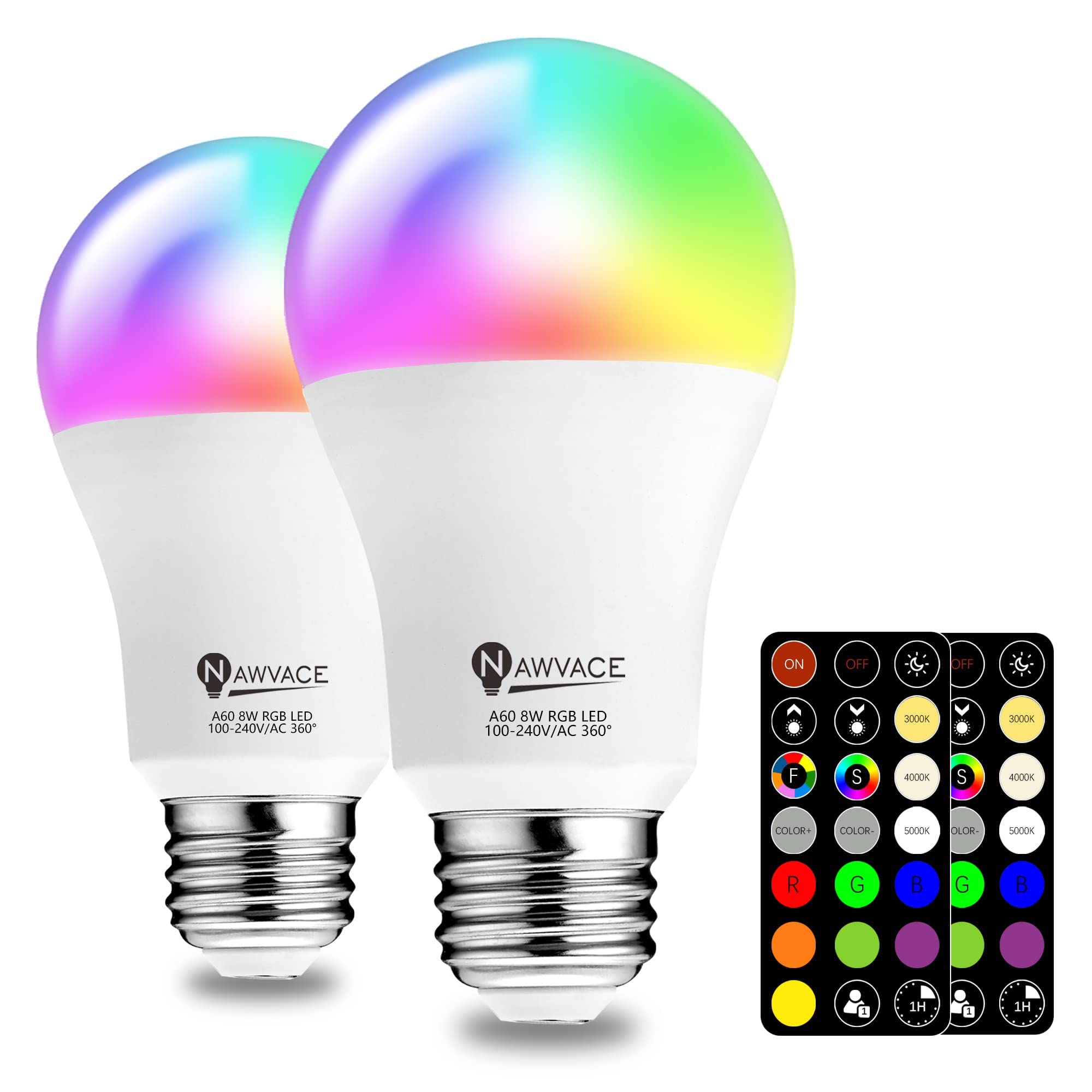NAWVACE LED Color Changing Light Bulb with Remote Control, 60W Equivalent RGB Bulbs, 8W Dimmable E26 A19 2700K-6000K Warm White 