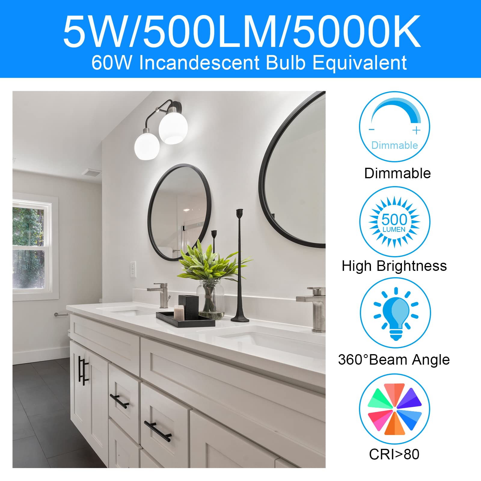 Energetic E12 Dimmable Led G16.5 Bulb 60 Watt 500 Lumens Candelabra For Chandeliers, Ceiling Fan, Vanity - Daylight 5000K Vintag