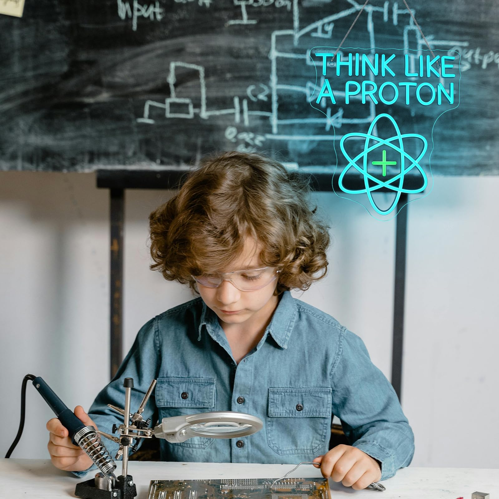 Wanxing Dimmable LED Neon Sign - Think Like a Proton, USB Powered, 7.8x16.5 inches, Science-Themed Room Decor for Kids and Offices