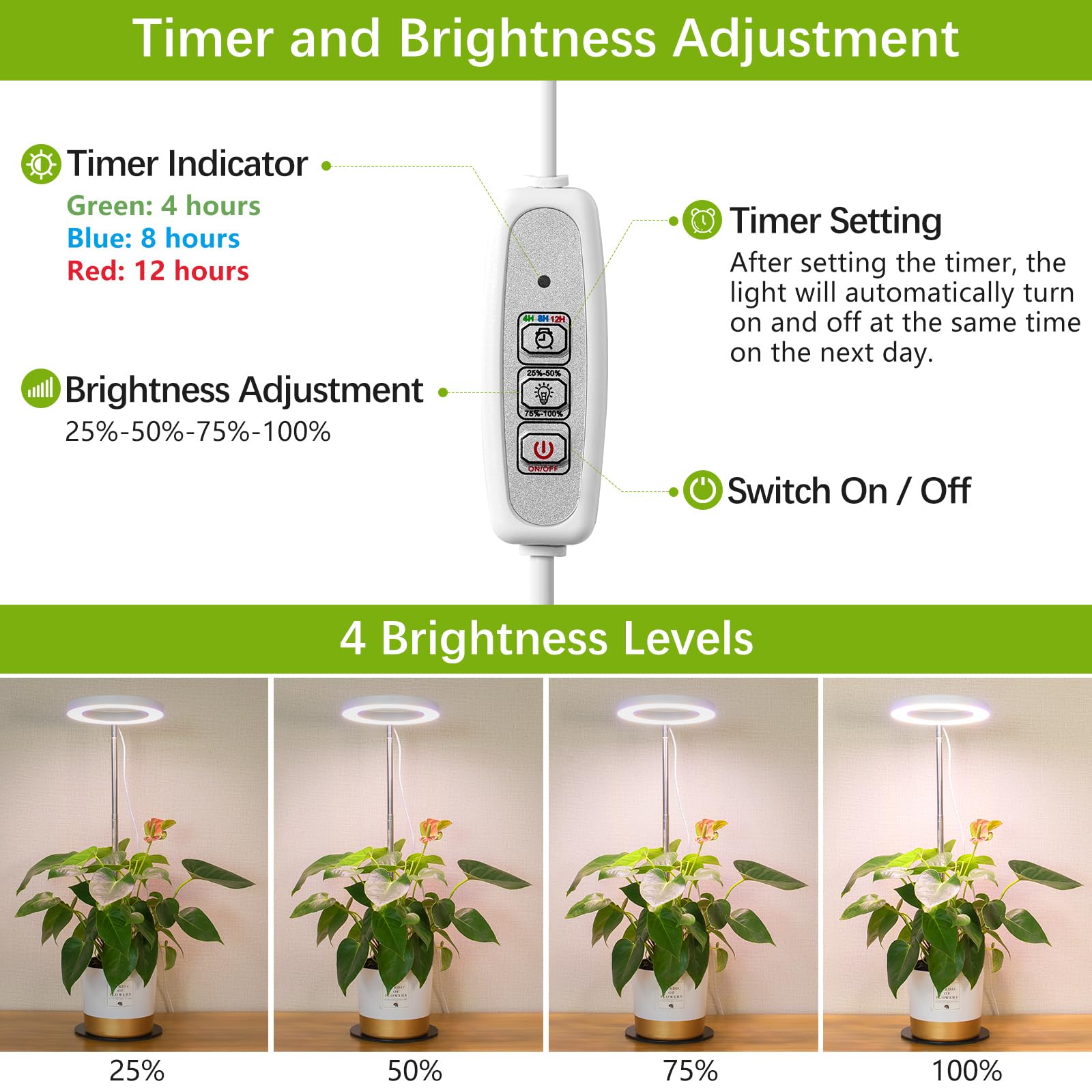 Lordem Grow Light, Led Plant Light For Indoor Plants Growing, Full Spectrum Desk Growth Lamp With Automatic Timer For 4H/8H/12H, 4 Dimmable Levels, Height Adjustable 9.8&quot;-30.6&quot;, Pack Of 2