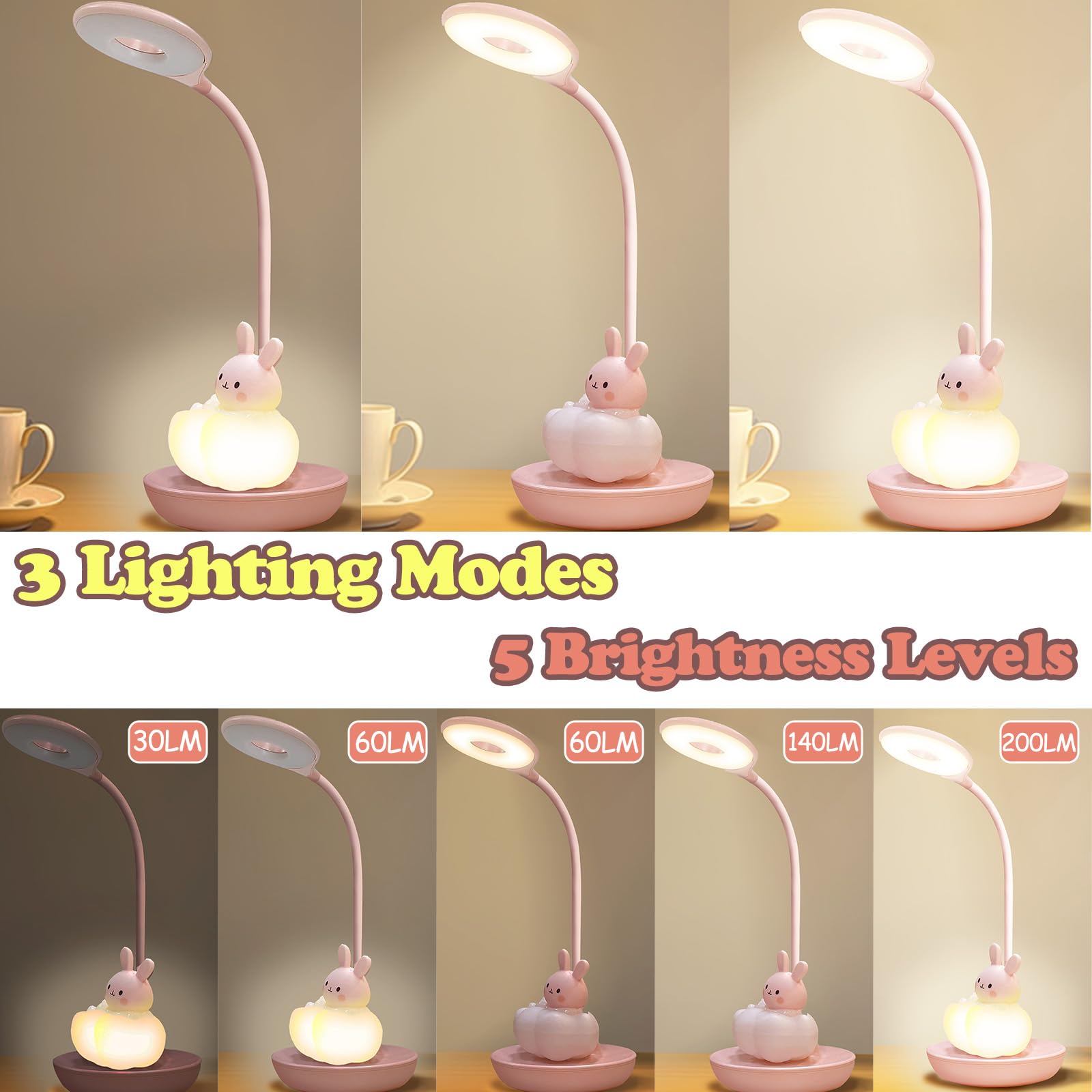 Comprafun Kids Desk Lamp Pink, Dimming Desk Lamp For Girls With Exclusive Cartoon Look, Cute Night Light For Kids Bedroom, Eye-Caring Led Portable Reading Lamp For Child, Unique Gift (Pink Rabbit)